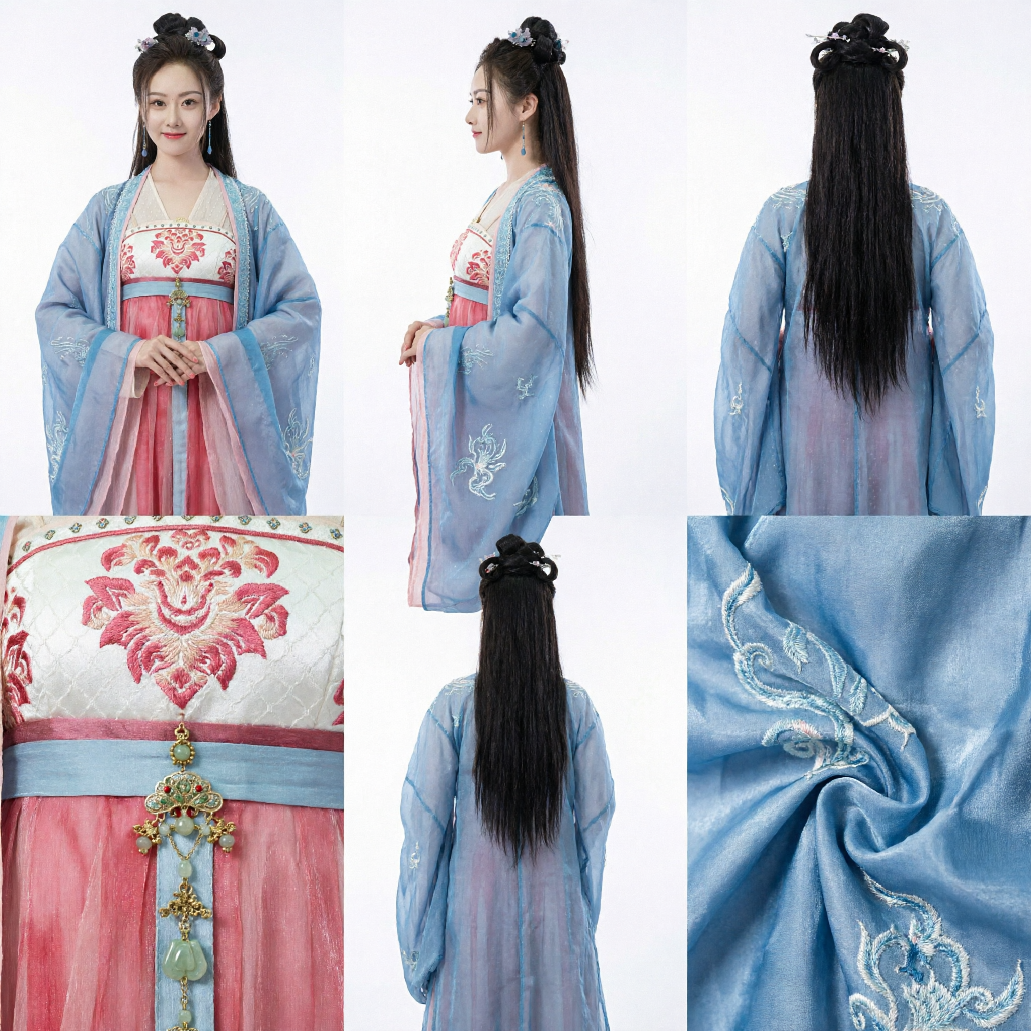 Ancient Chinese Tang Dynasty Hanfu Costume Blue Embroidered Robe and Pink Dress for Women Cosplay - Asian Costume