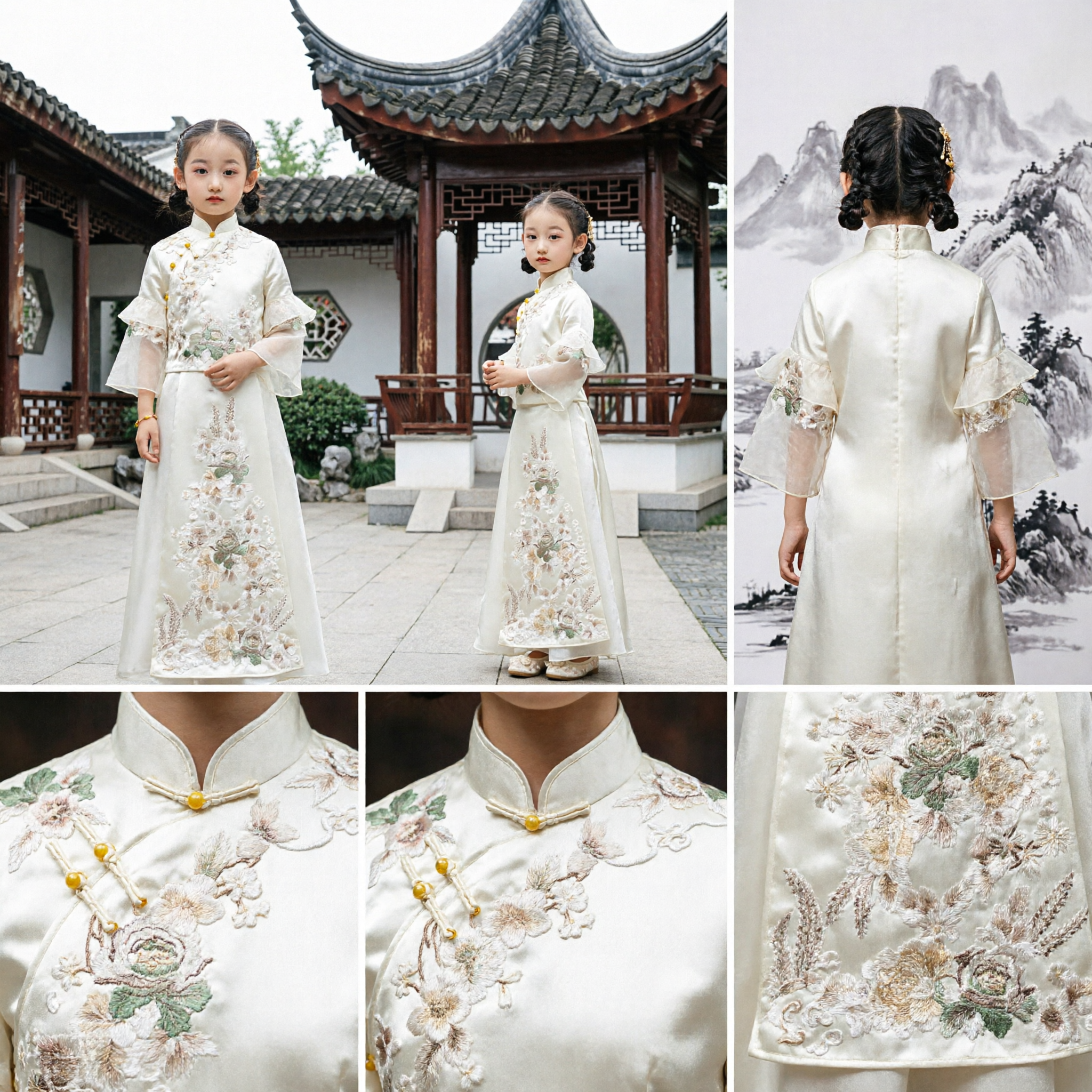 Traditional Chinese Hanfu Dress for Girls Elegant Embroidered Ancient Costume Cheongsam Set for Kids Photography - Asian Costume