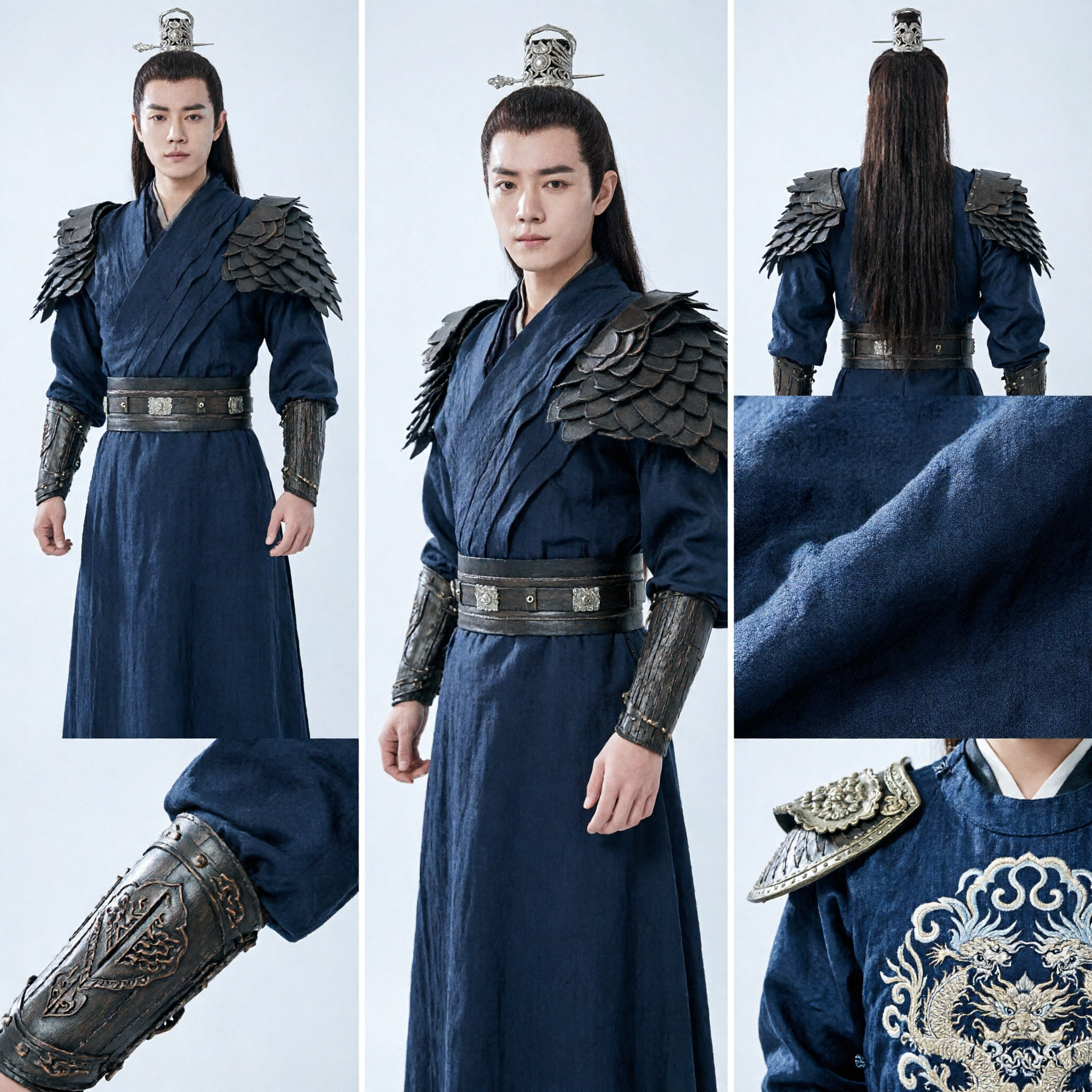 Men's Black Ancient Chinese Warrior Hanfu Costume with Shoulder Armor for Wuxia Cosplay and Photography - Asian Costume