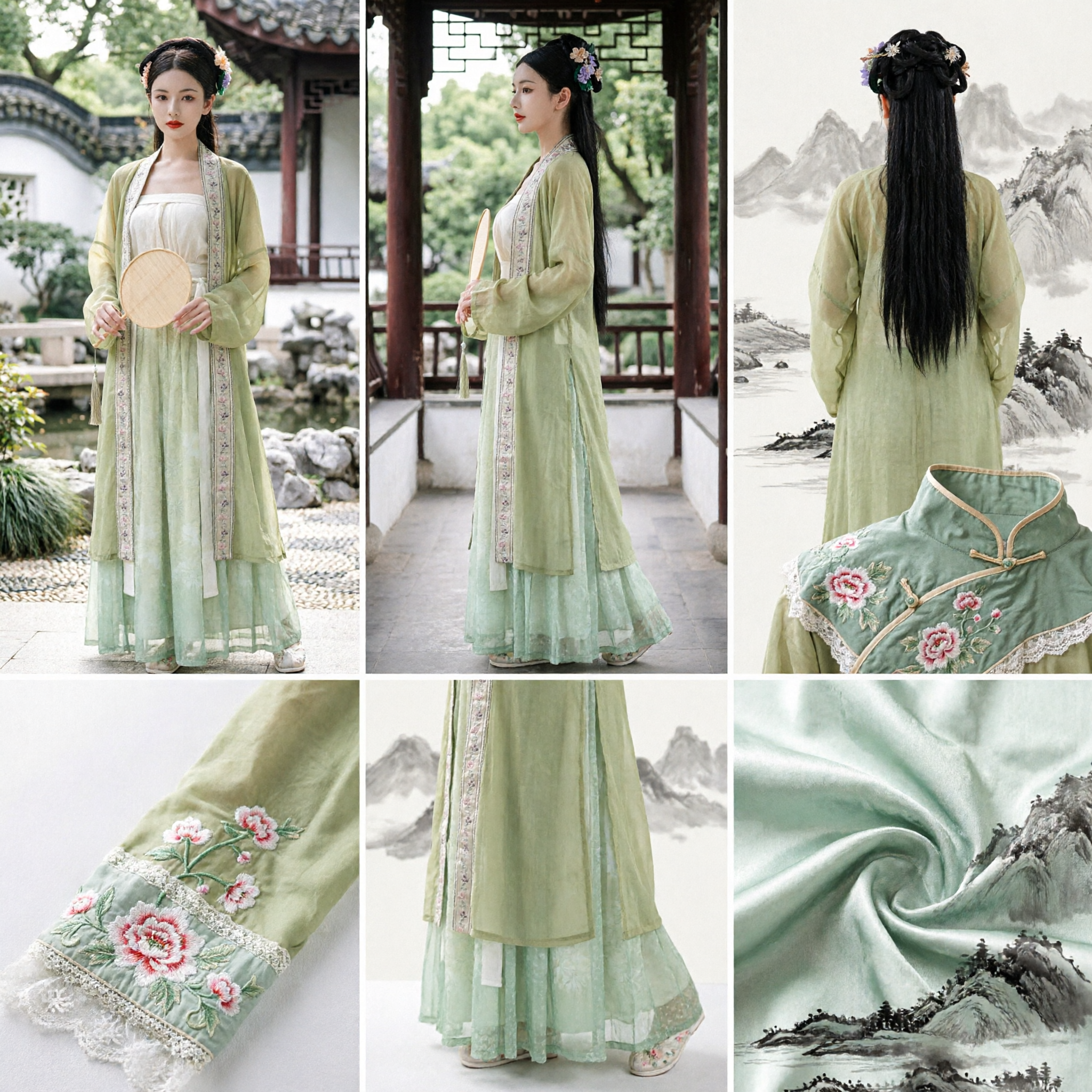 Elegant Green Song Dynasty Hanfu Set Embroidered Outer Robe and Skirt Traditional Chinese Costume for Women - Asian Costume