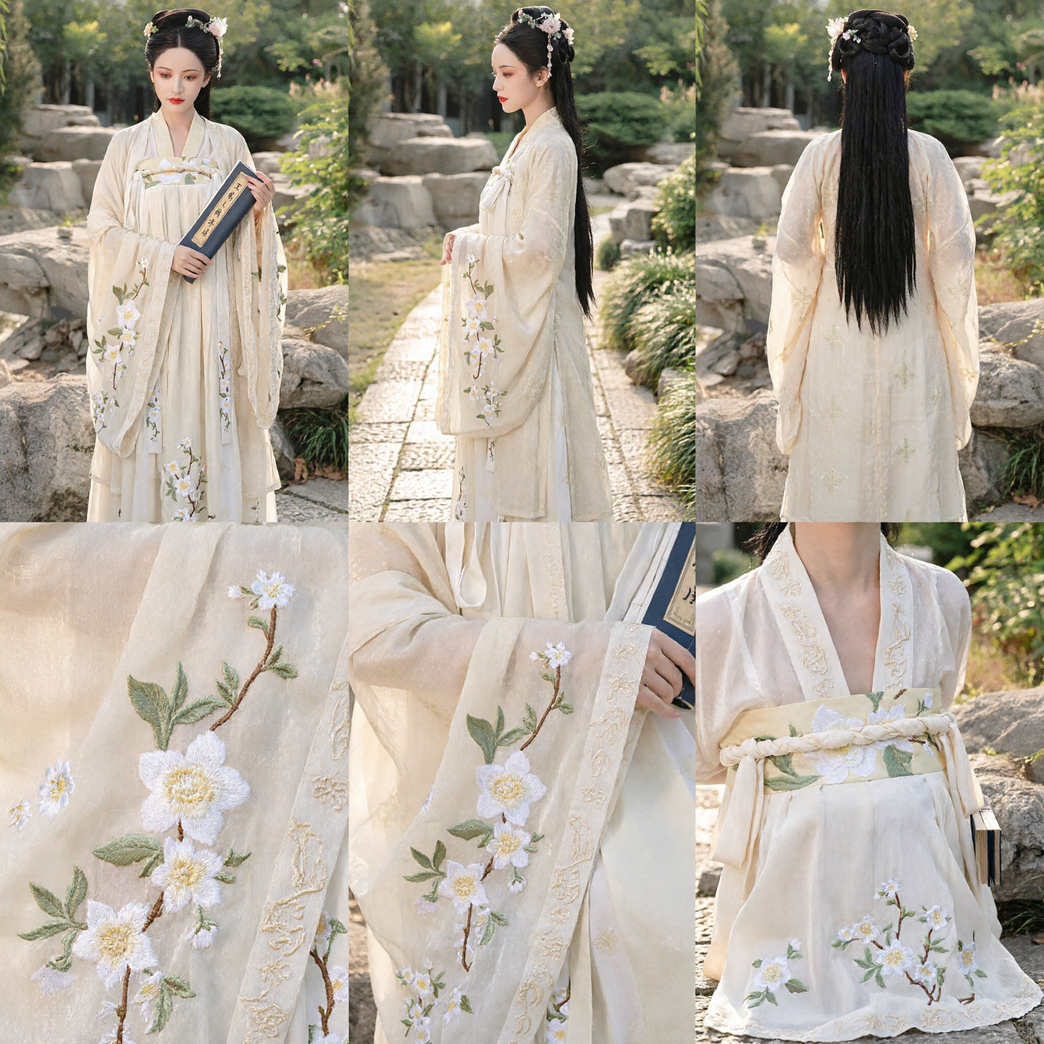 Elegant Women's Traditional Chinese Hanfu Ancient Costume Cream Floral Embroidery Dress Tang Dynasty Style for Photography - Asian Costume