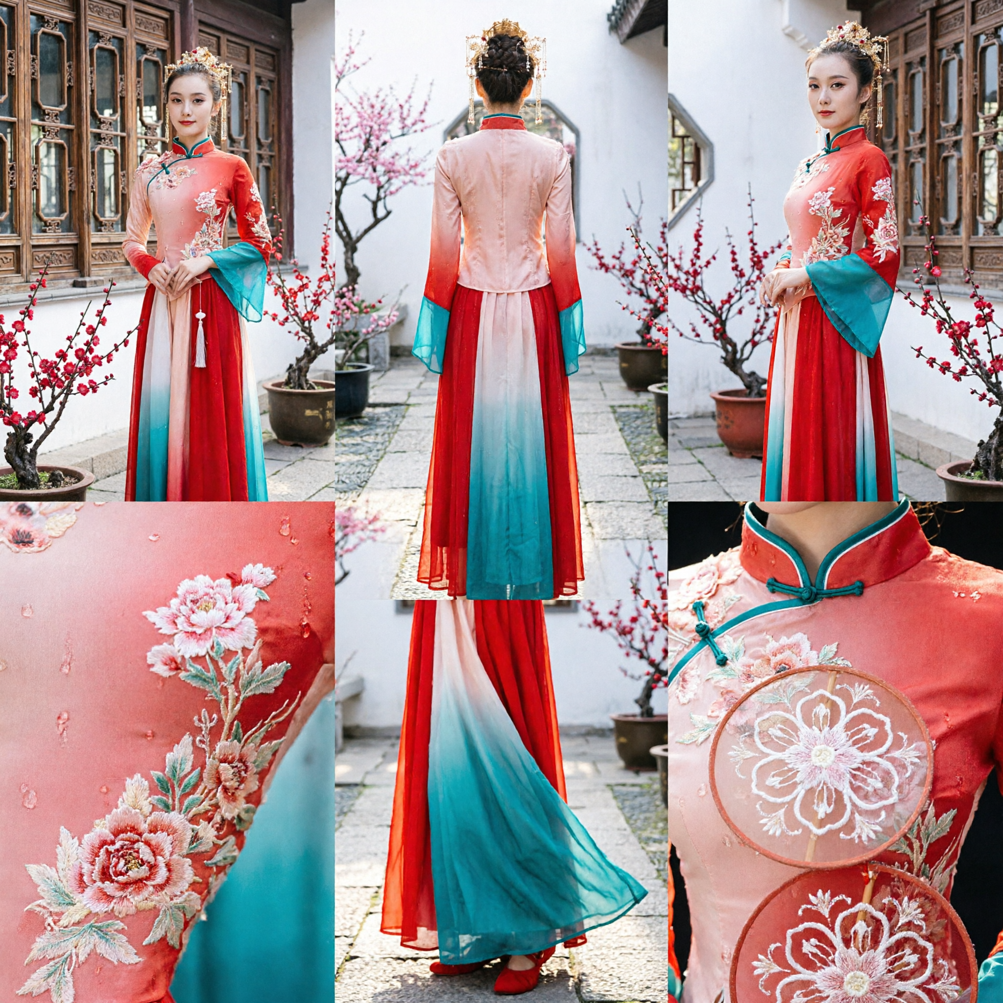Traditional Chinese Classical Dance Costume Women Red Embroidered Fan Dress Stage Performance Folk Outfit - Asian Costume