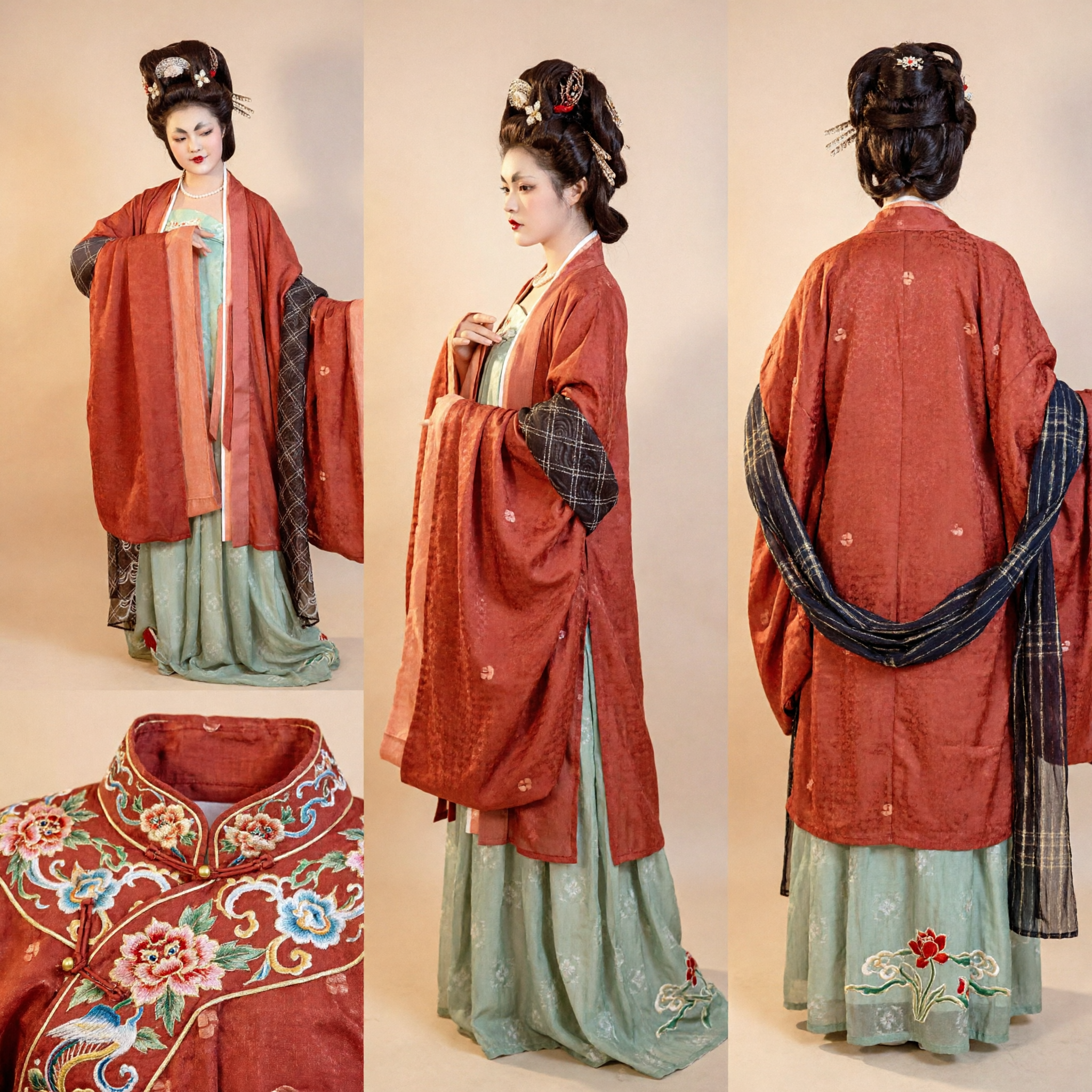 Chinese Traditional Tang Dynasty Palace Lady Hanfu Costume Complete Set Red Robe Green Dress for Women - Asian Costume