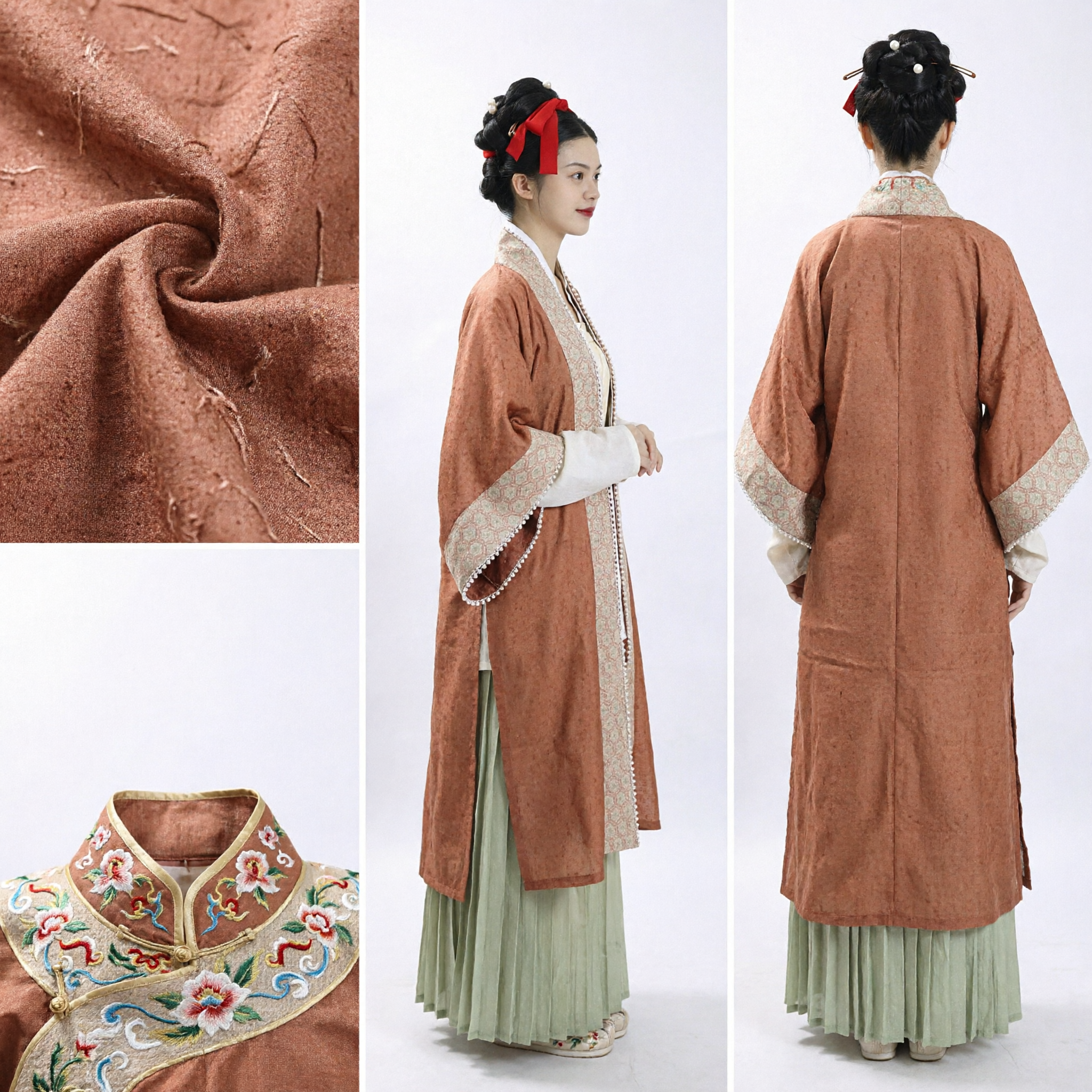 Elegant Song Dynasty Hanfu Traditional Chinese Costume Women Orange Beizi Robe and Green Skirt Set for Photography - Asian Costume