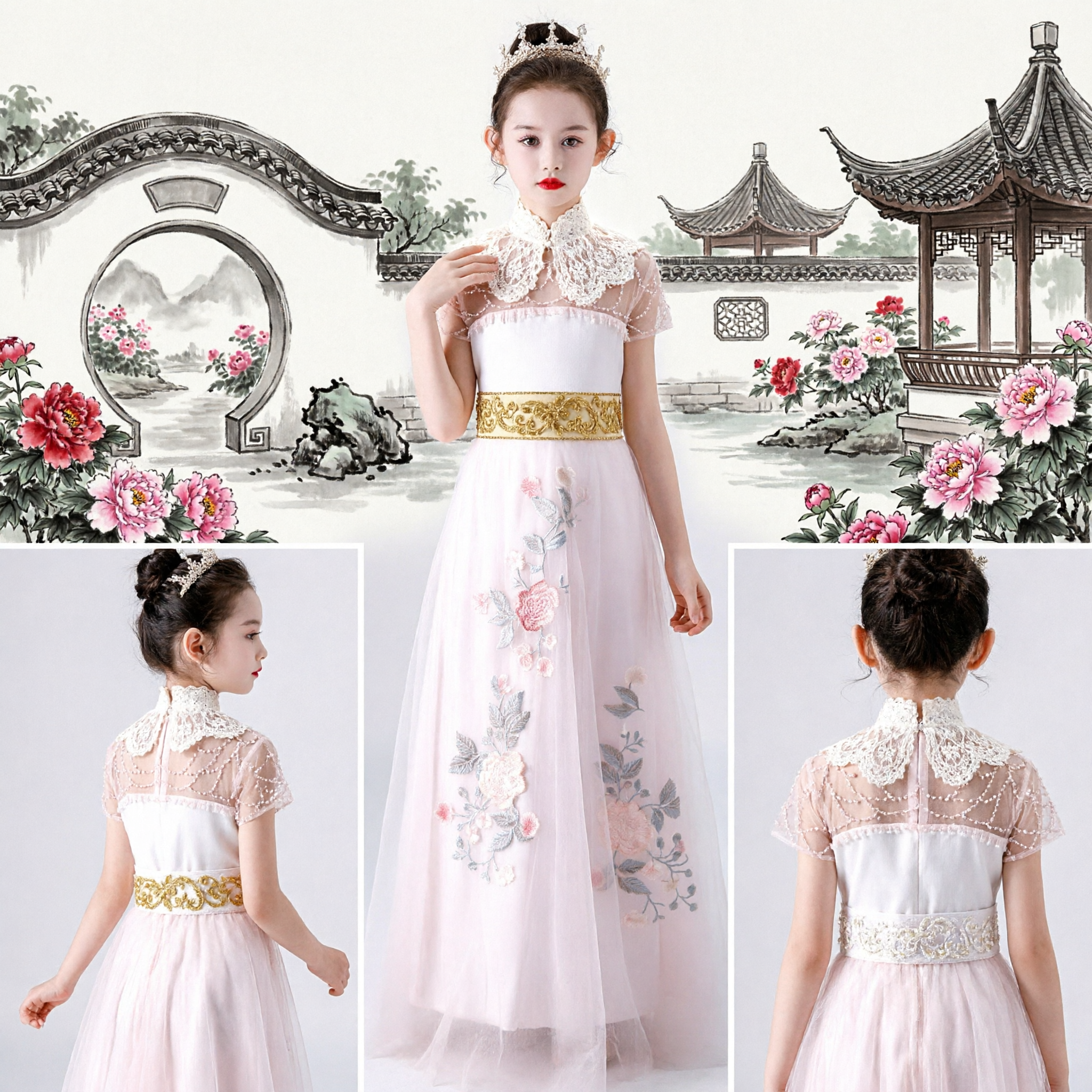 Elegant Girls Long Chinese Cheongsam Dress White Princess Gown with Floral Embroidery for Wedding Flower Girl Formal Party - Asian Costume