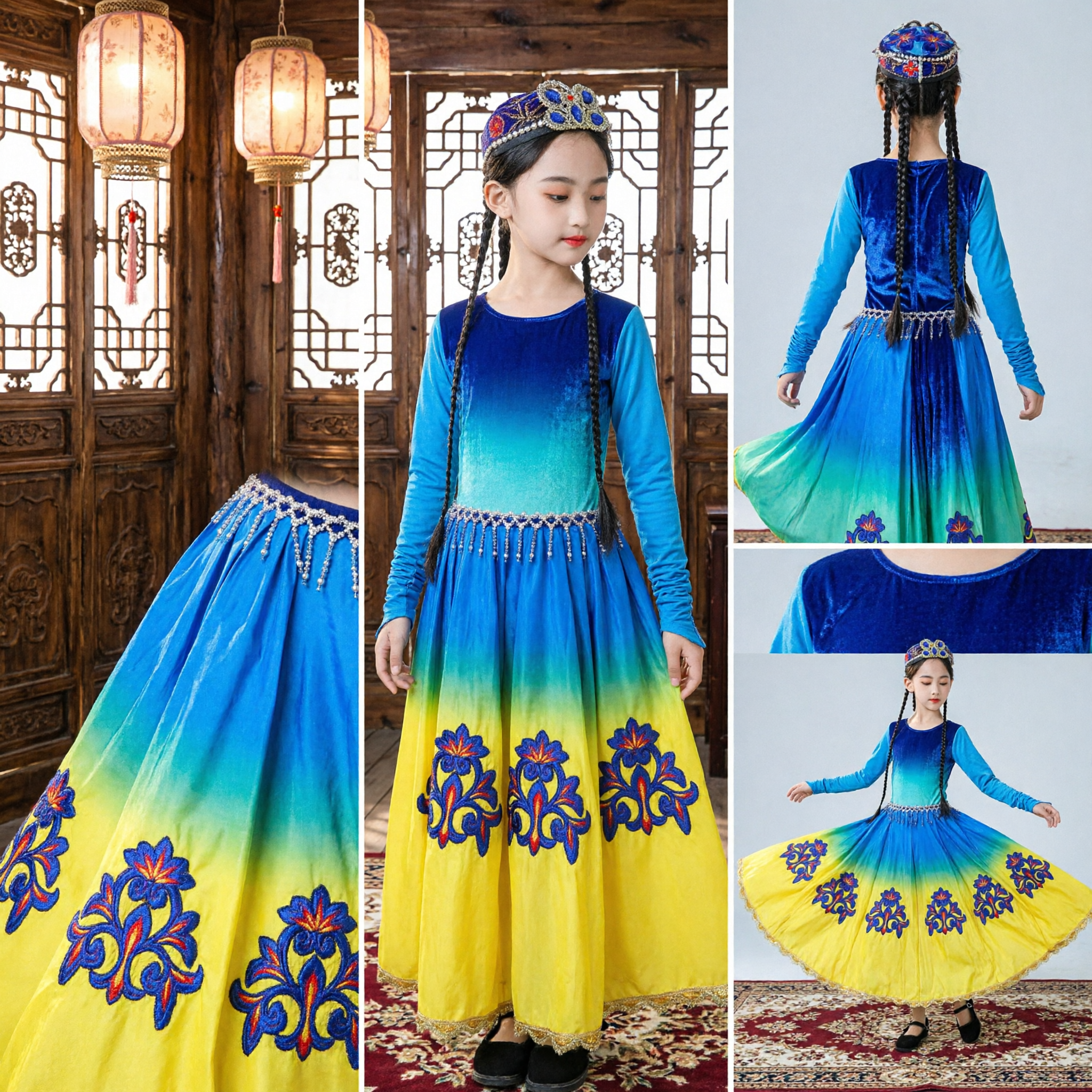 Traditional Uyghur Dance Costume for Girls Blue and Yellow Gradient Xinjiang Ethnic Stage Performance Dress - Asian Costume