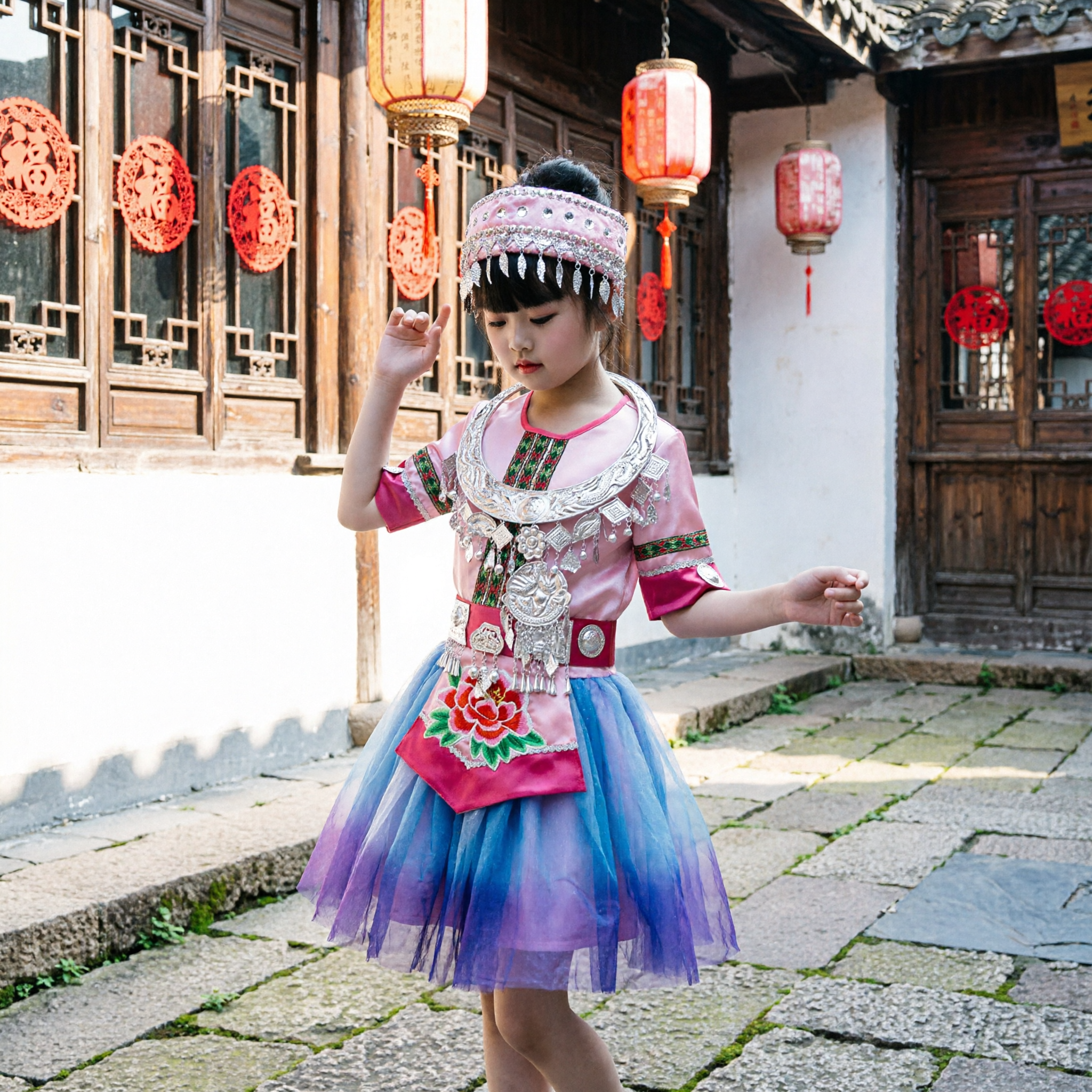Traditional Chinese Miao Minority Dance Costume for Kids Girls Pink Ethnic Performance Dress with Silver Headdress - Asian Costume