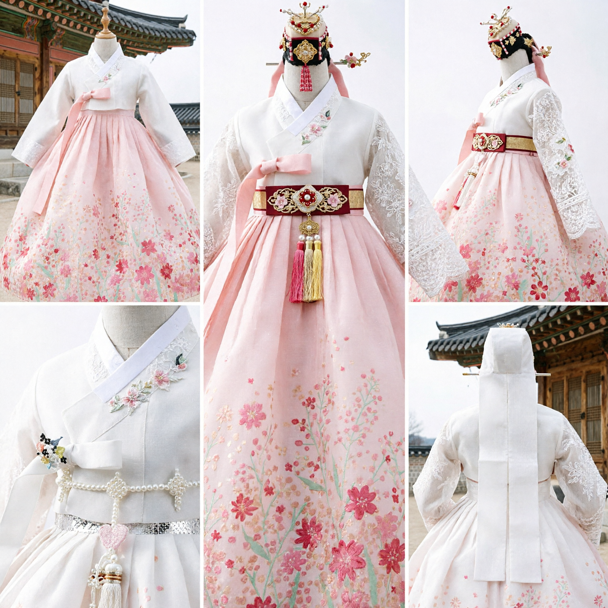 Traditional Korean Hanbok for Girls White Lace Jeogori Pink Floral Chima Wedding Birthday Costume - Asian Costume