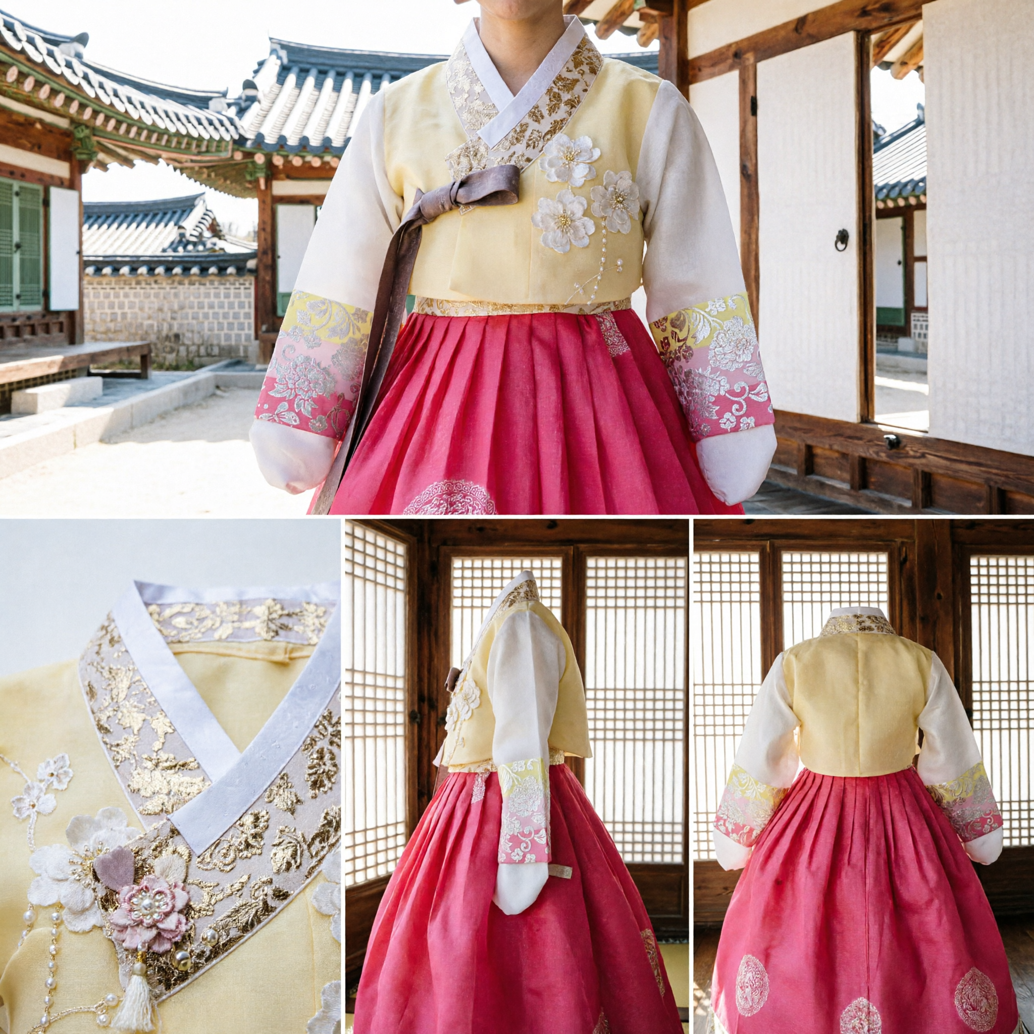 Traditional Korean Hanbok Dress Yellow Jeogori Pink Chima Set Floral Embroidery Women Girls Wedding Birthday Costume - Asian Costume