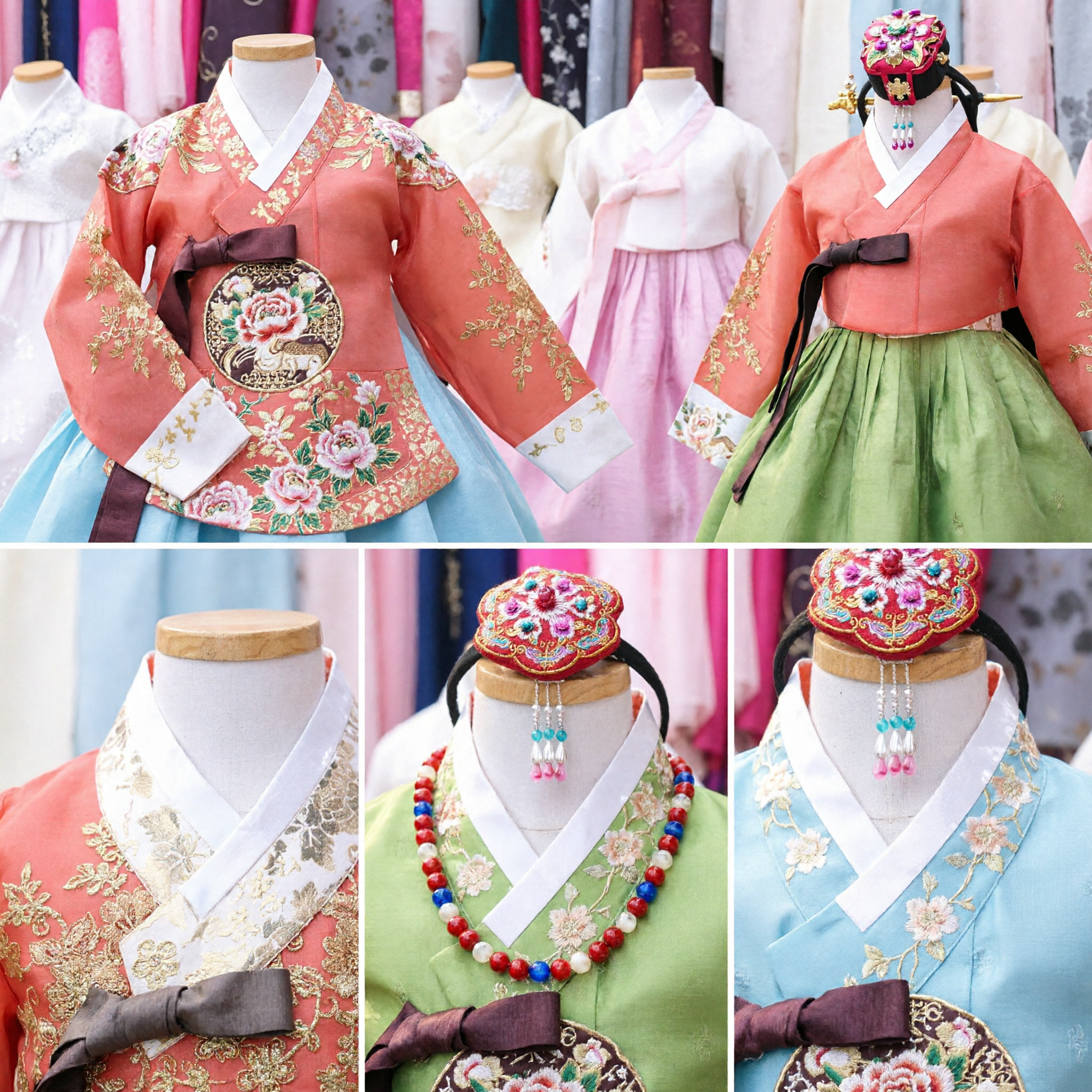 Traditional Korean Hanbok Wedding Dress for Women featuring Gold Embroidery Jeogori and Bridal Headpiece Costume - Asian Costume