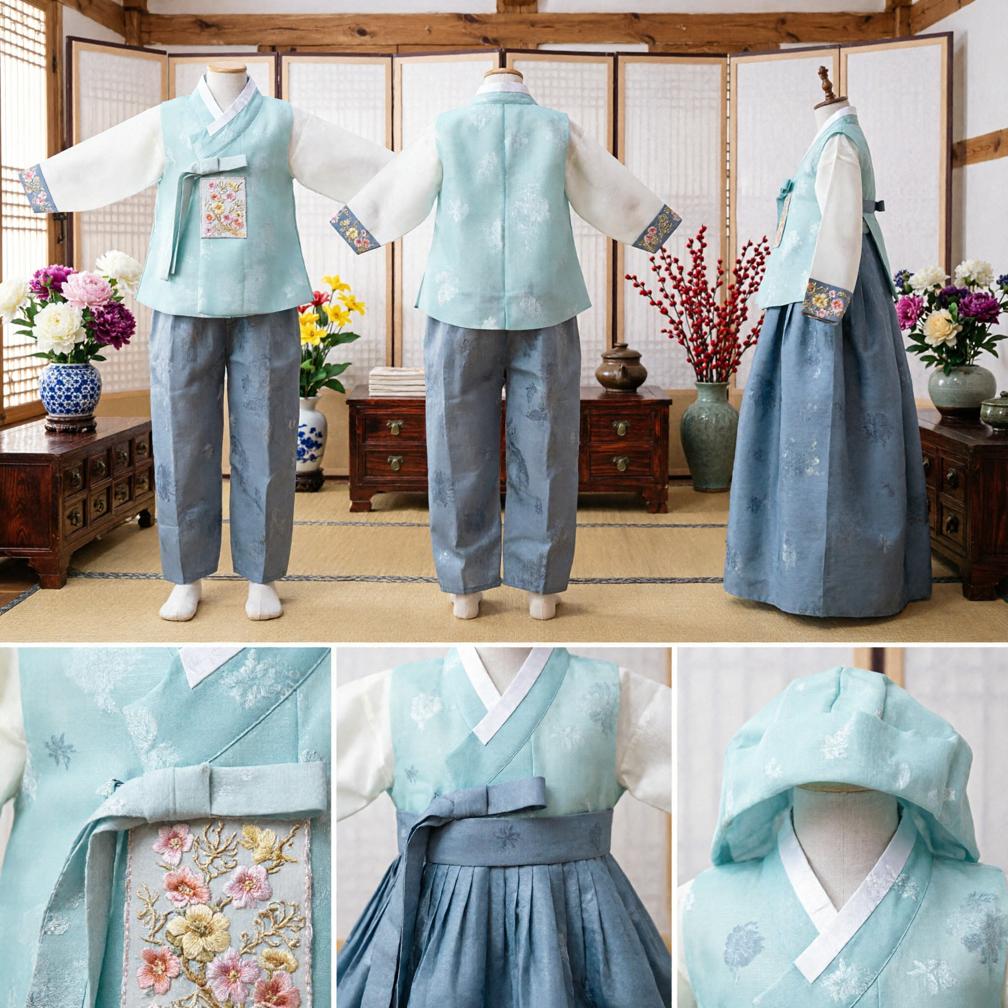 Traditional Korean Hanbok for Boys Light Blue Embroidered Vest Set with Hat for Doljanchi Celebration - Asian Costume