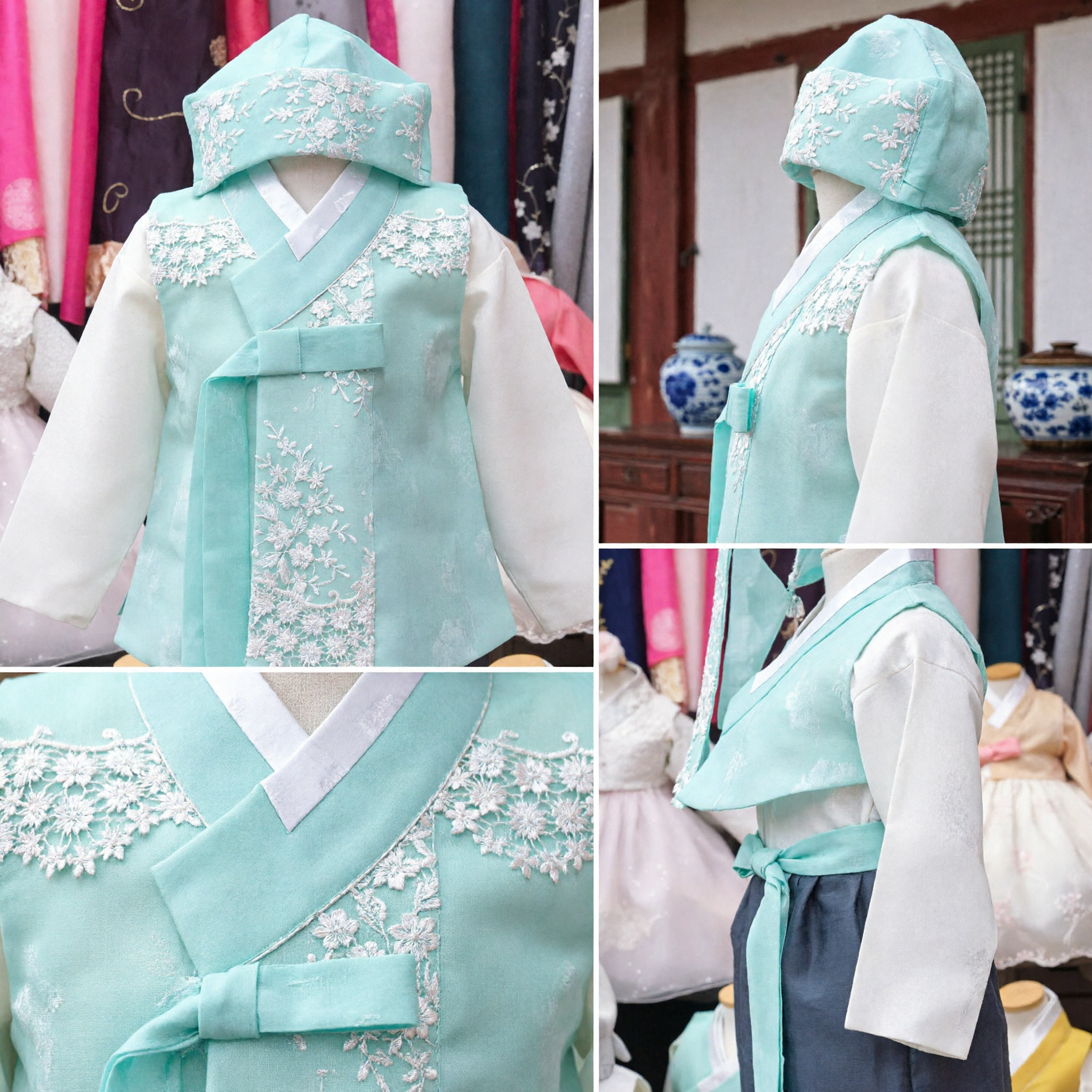 Traditional Korean Hanbok for Kids Mint Green Embroidered Vest Set for Boys First Birthday Party - Asian Costume