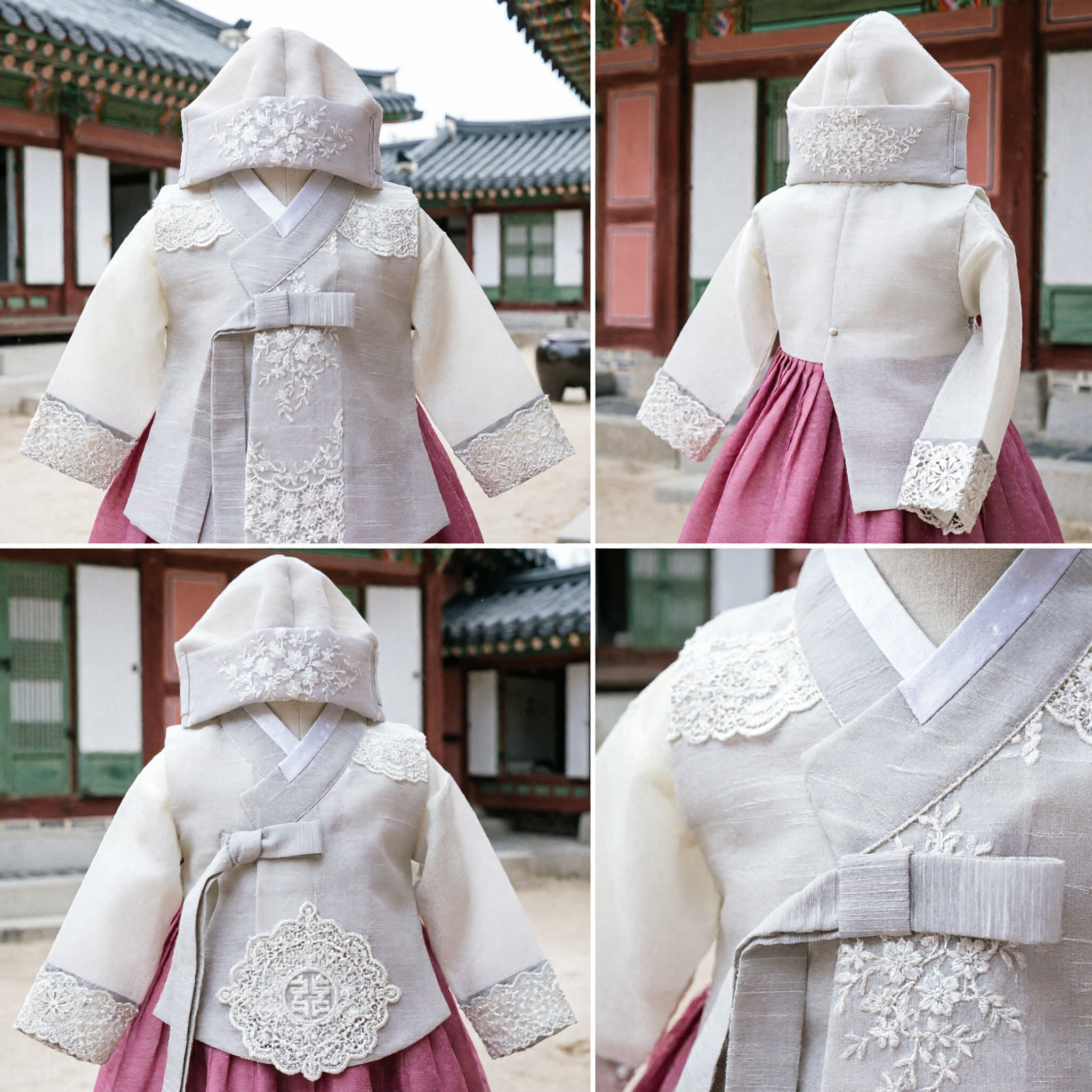 Traditional White Lace Korean Hanbok for Baby Girls First Birthday Doljanchi Costume Set with Pink Pants - Asian Costume