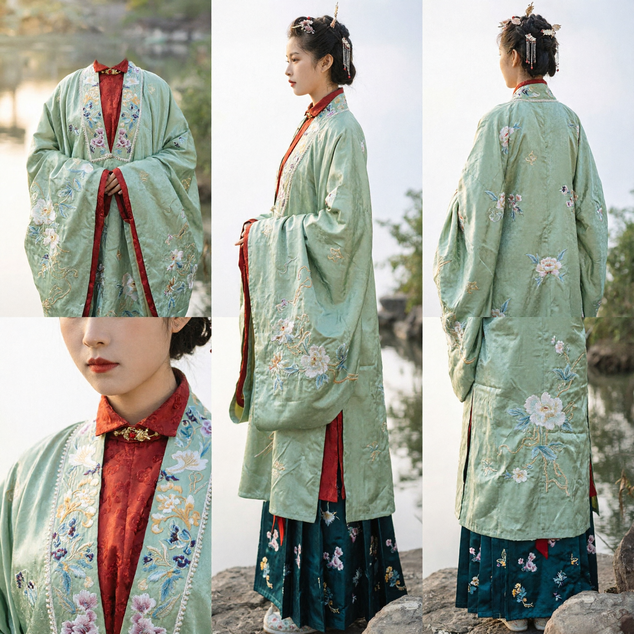 Ancient Chinese Hanfu Clothing for Women Ming Dynasty Style Green Embroidered Robe and Skirt Set - Asian Costume