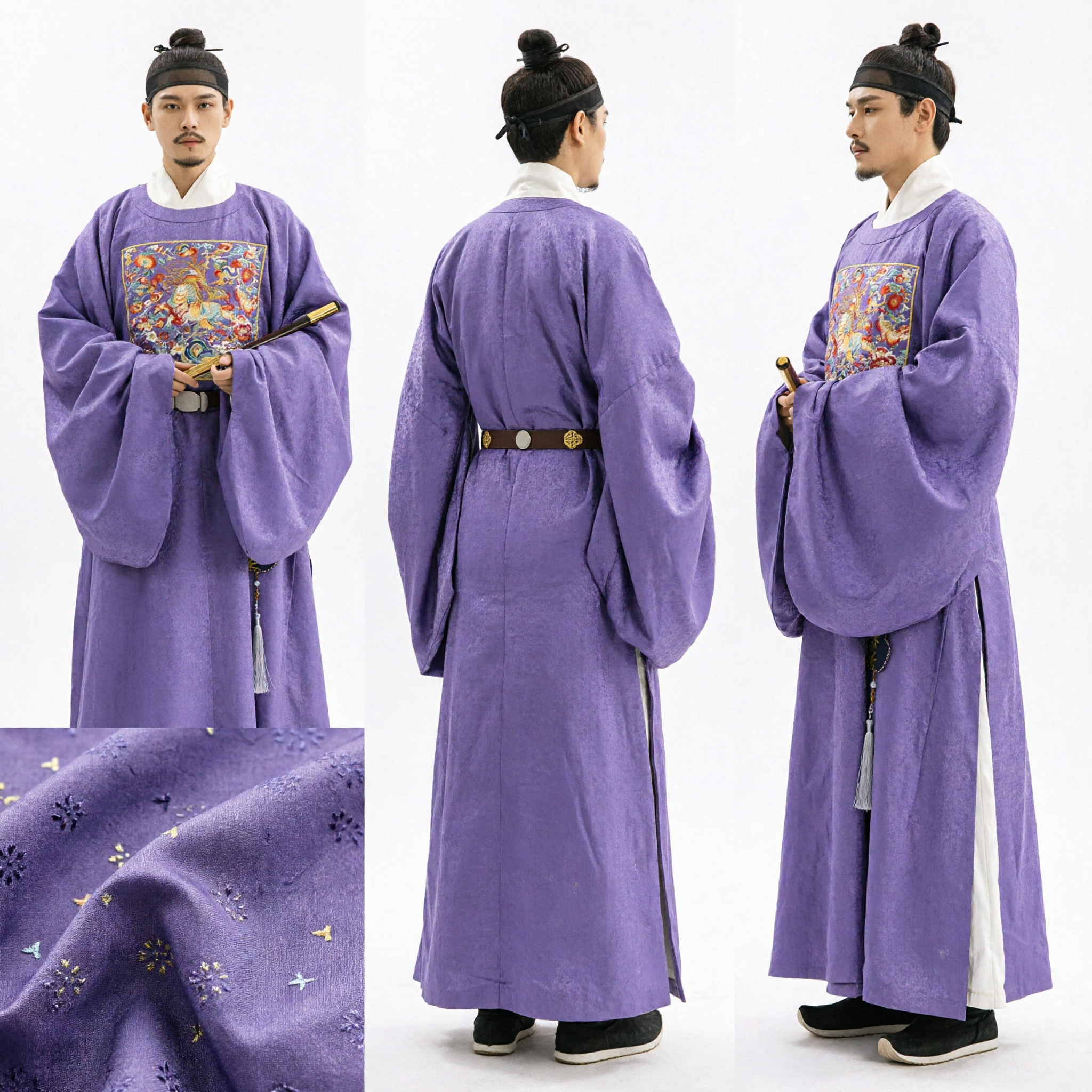 Traditional Chinese Hanfu Purple Ming Dynasty Official Robe Men's Ancient Embroidered Round Collar Costume for Cosplay - Asian Costume