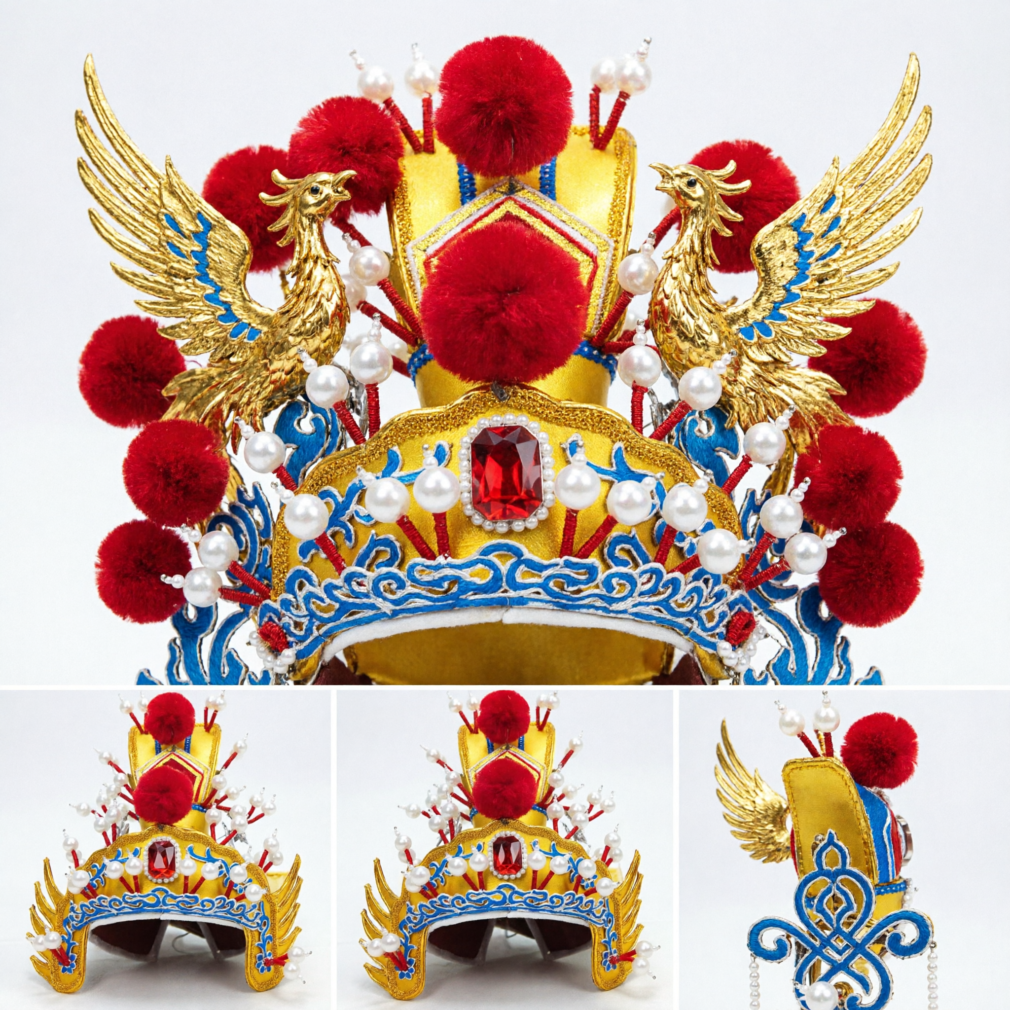 Traditional Chinese Peking Opera Gold Crown Headdress with Red Pom-Poms and Pearls for Stage Performance - Asian Costume