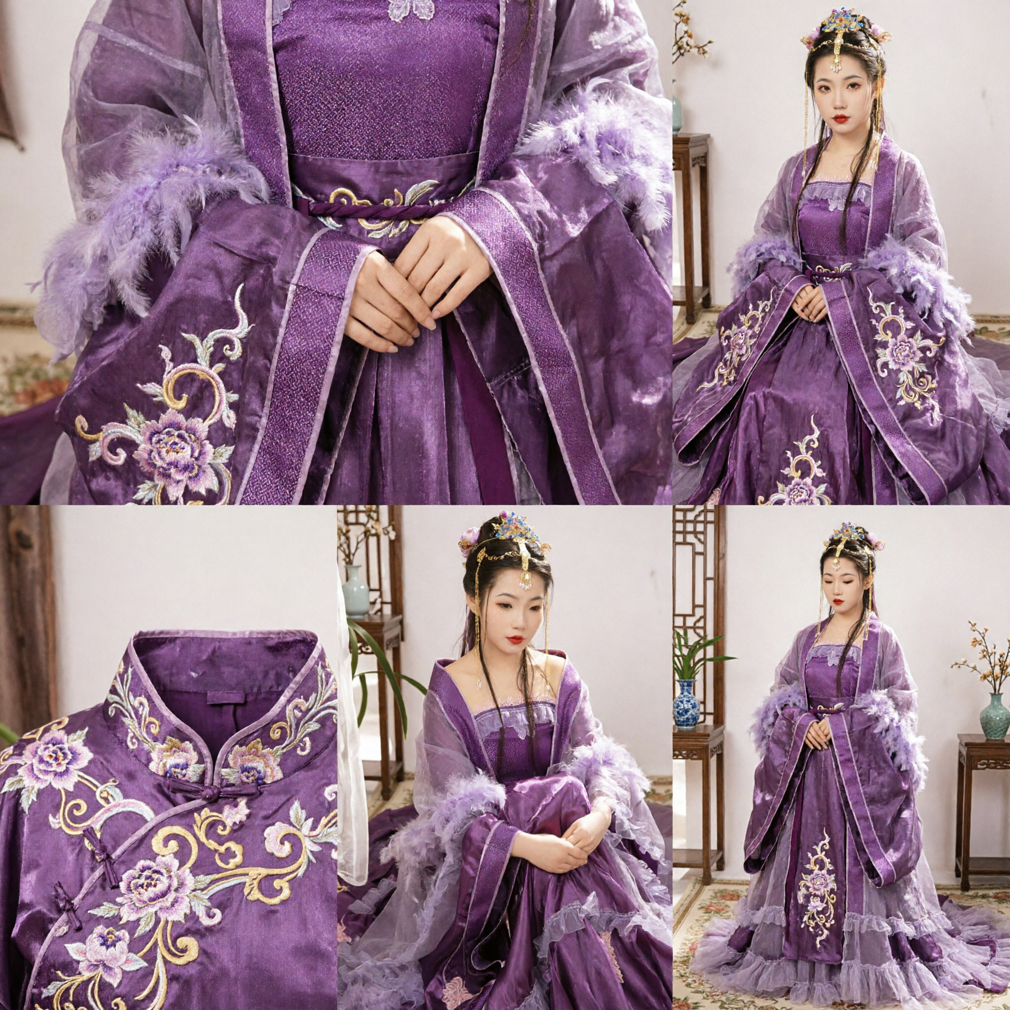 Elegant Purple Chinese Hanfu Tang Dynasty Princess Costume Ancient Palace Lady Dress with Feather Sleeves - Asian Costume