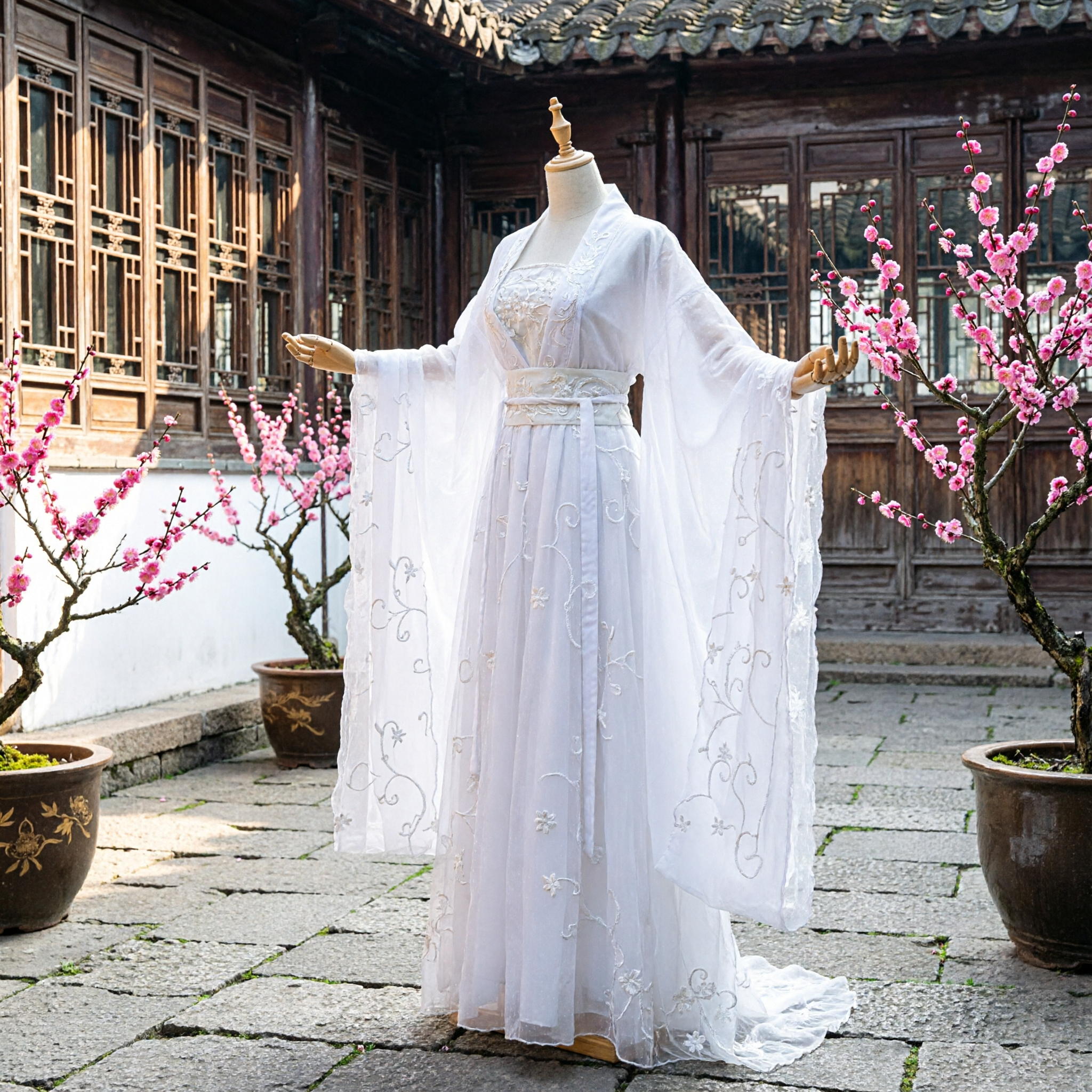White Traditional Chinese Hanfu Dress Ancient Fairy Goddess Costume Embroidered Wide Sleeve Robe for Women Cosplay - Asian Costume