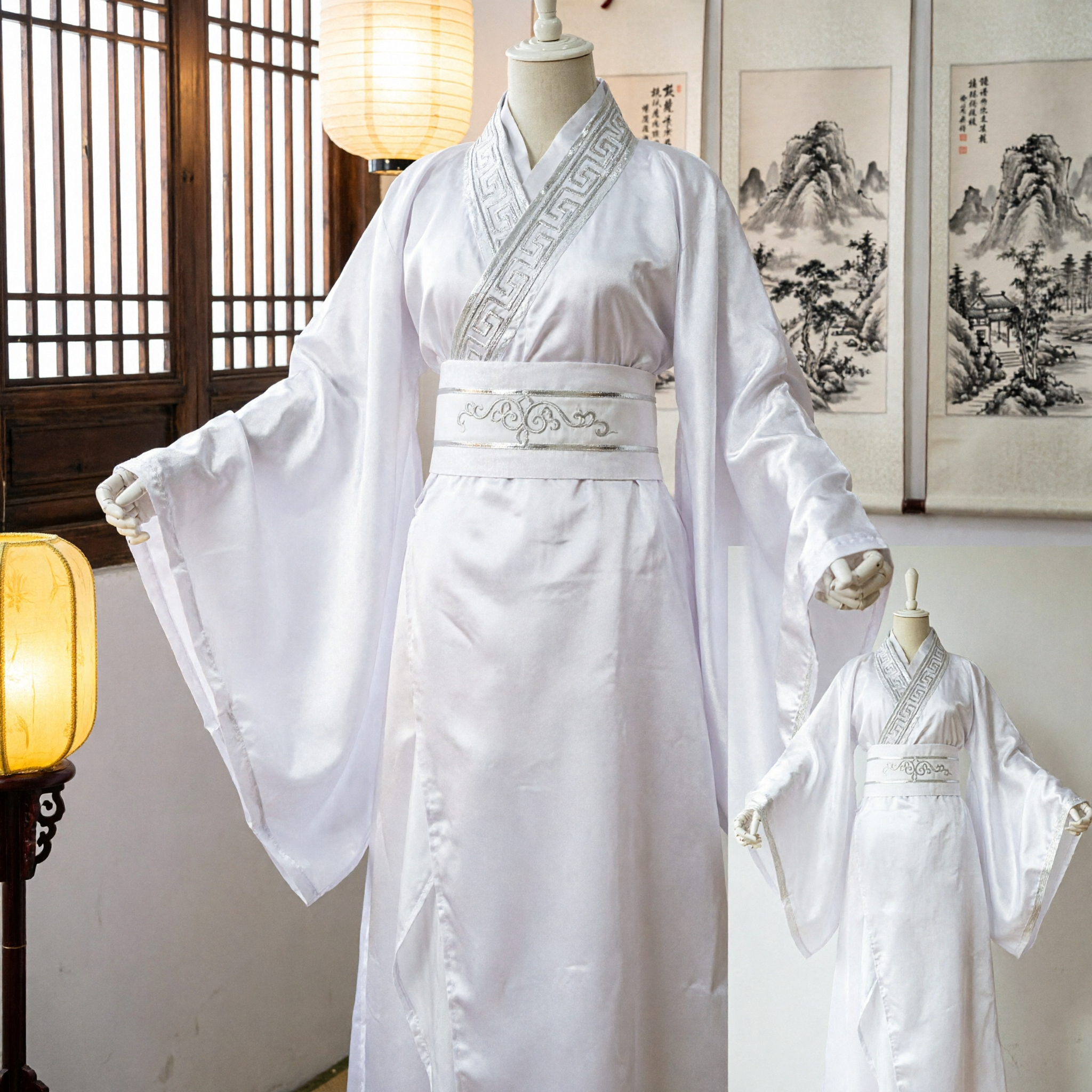 Traditional White Chinese Hanfu Costume Ancient Scholar Robe with Embroidery for Men Cosplay Performance - Asian Costume
