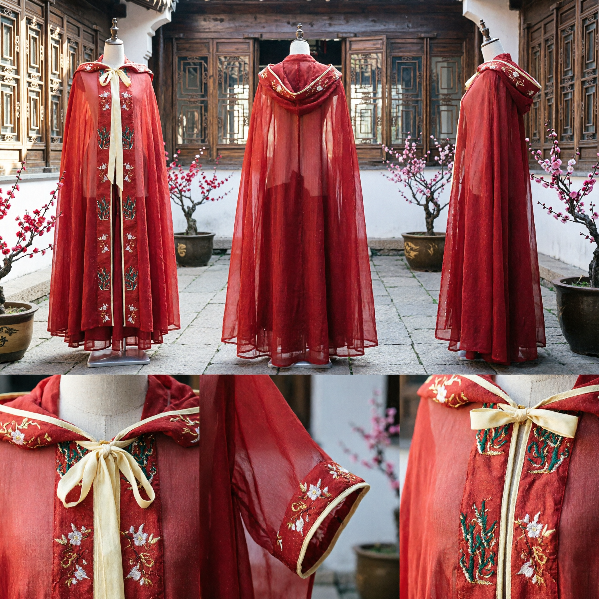 Ancient Chinese Red Chiffon Cloak Cape with Embroidery Traditional Hanfu Wedding Costume for Women - Asian Costume