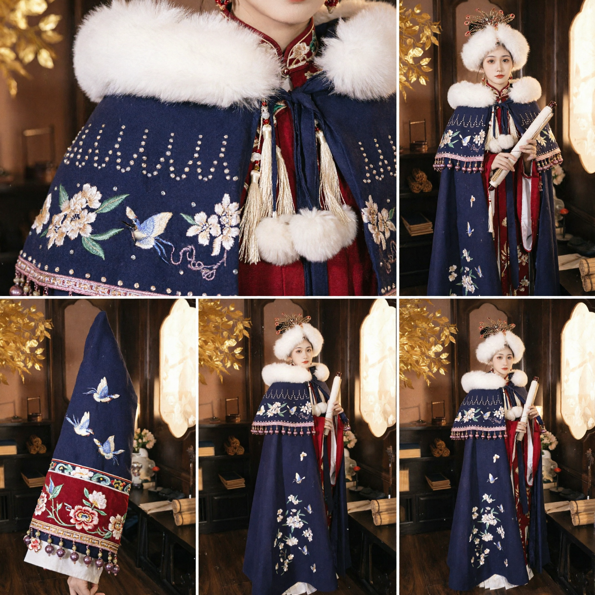 Traditional Chinese Hanfu Ming Dynasty Winter Cloak Dark Blue Fur Trimmed Cape with Floral Embroidery for Women - Asian Costume