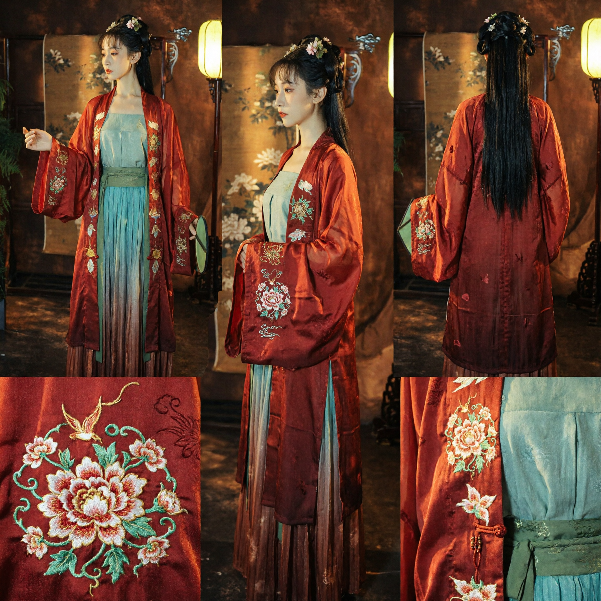 Elegant Red Embroidered Hanfu Set Traditional Chinese Ancient Costume Blue Gradient Skirt for Women Festival - Asian Costume