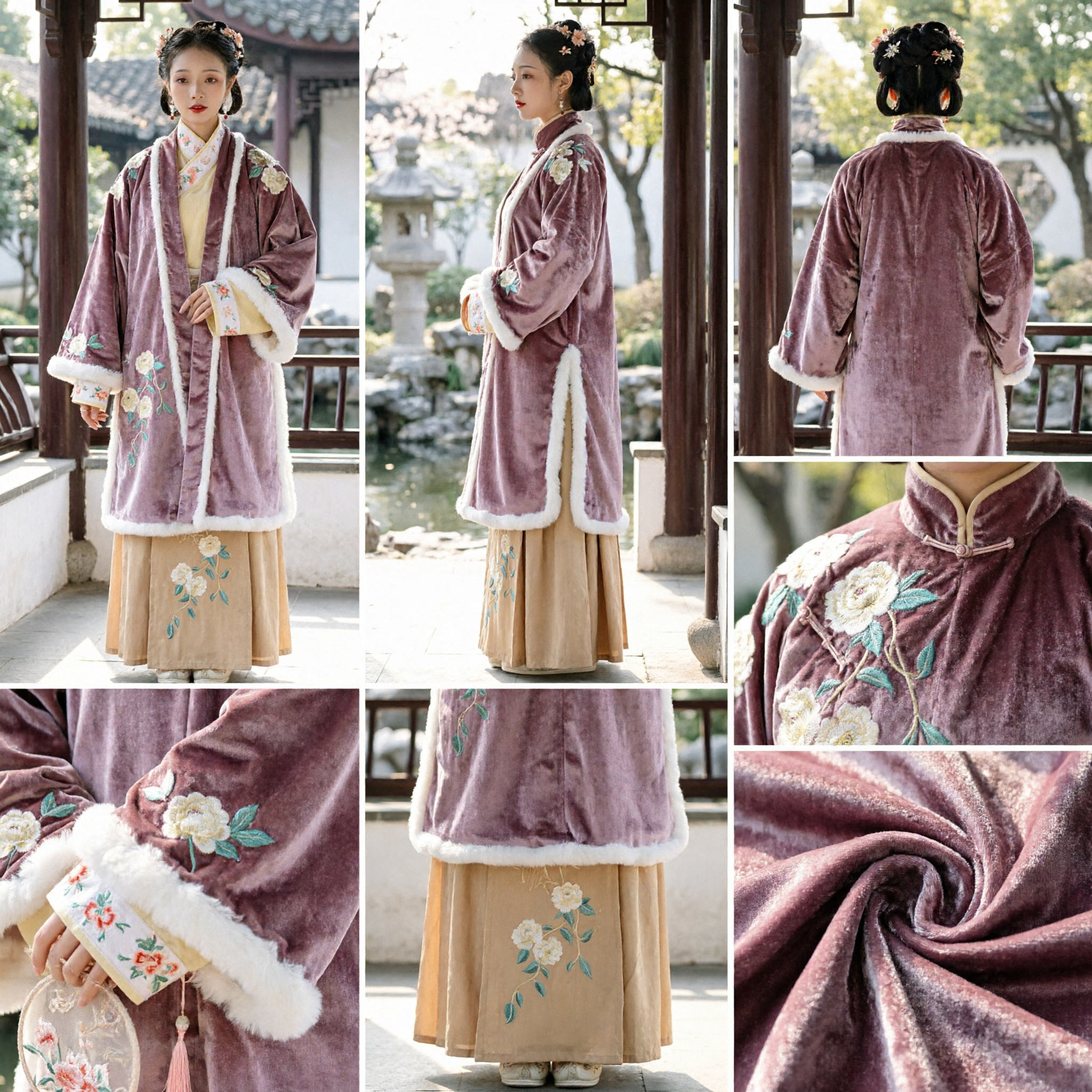 Women's Winter Hanfu Set Purple Fur Trim Embroidered Coat Traditional Chinese Ancient Costume Ming Style - Asian Costume