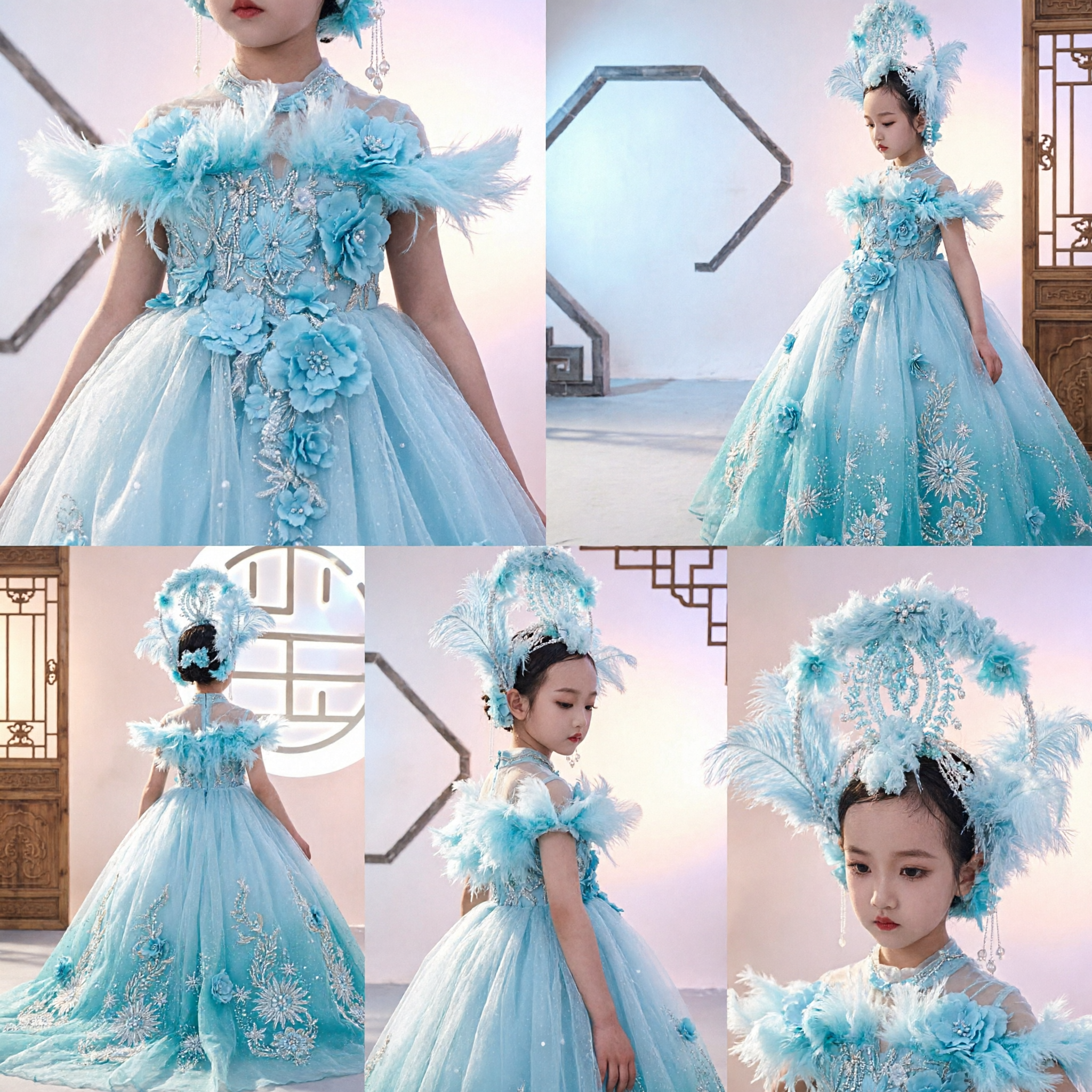 Kids Fantasy Ice Princess Costume Blue Tulle Ball Gown with Feather Headpiece for Stage Performance - Asian Costume