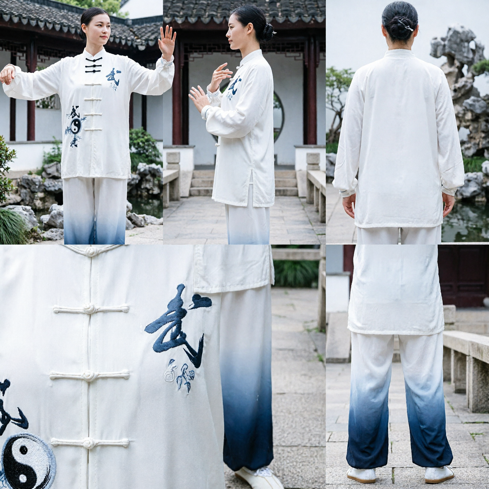 Women's Traditional Tai Chi Kung Fu Uniform White Martial Arts Suit with Yin Yang Calligraphy and Gradient Pants for Practice - Asian Costume
