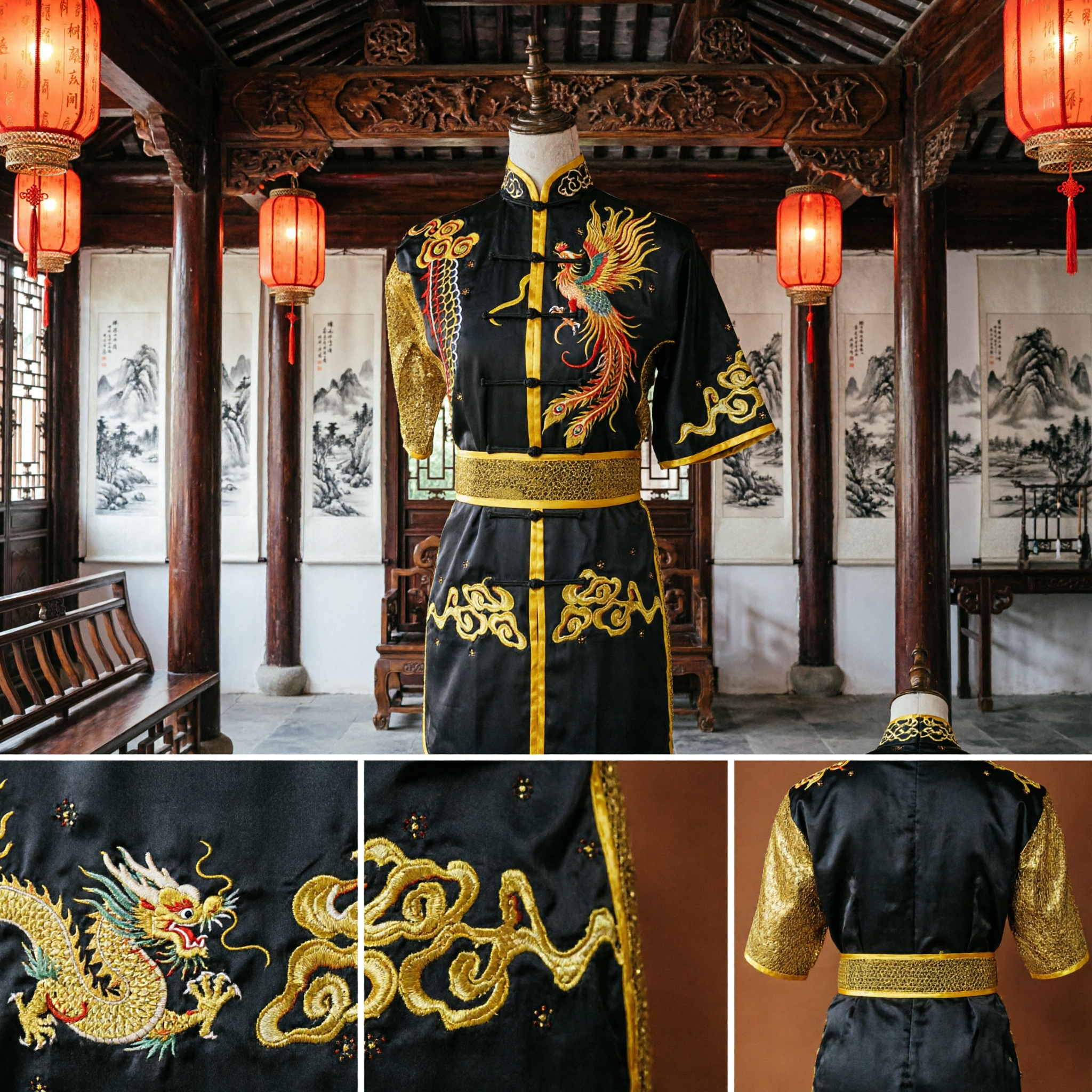 Men's Traditional Chinese Kung Fu Uniform Black Gold Embroidered Wushu Martial Arts Performance Costume Set - Asian Costume