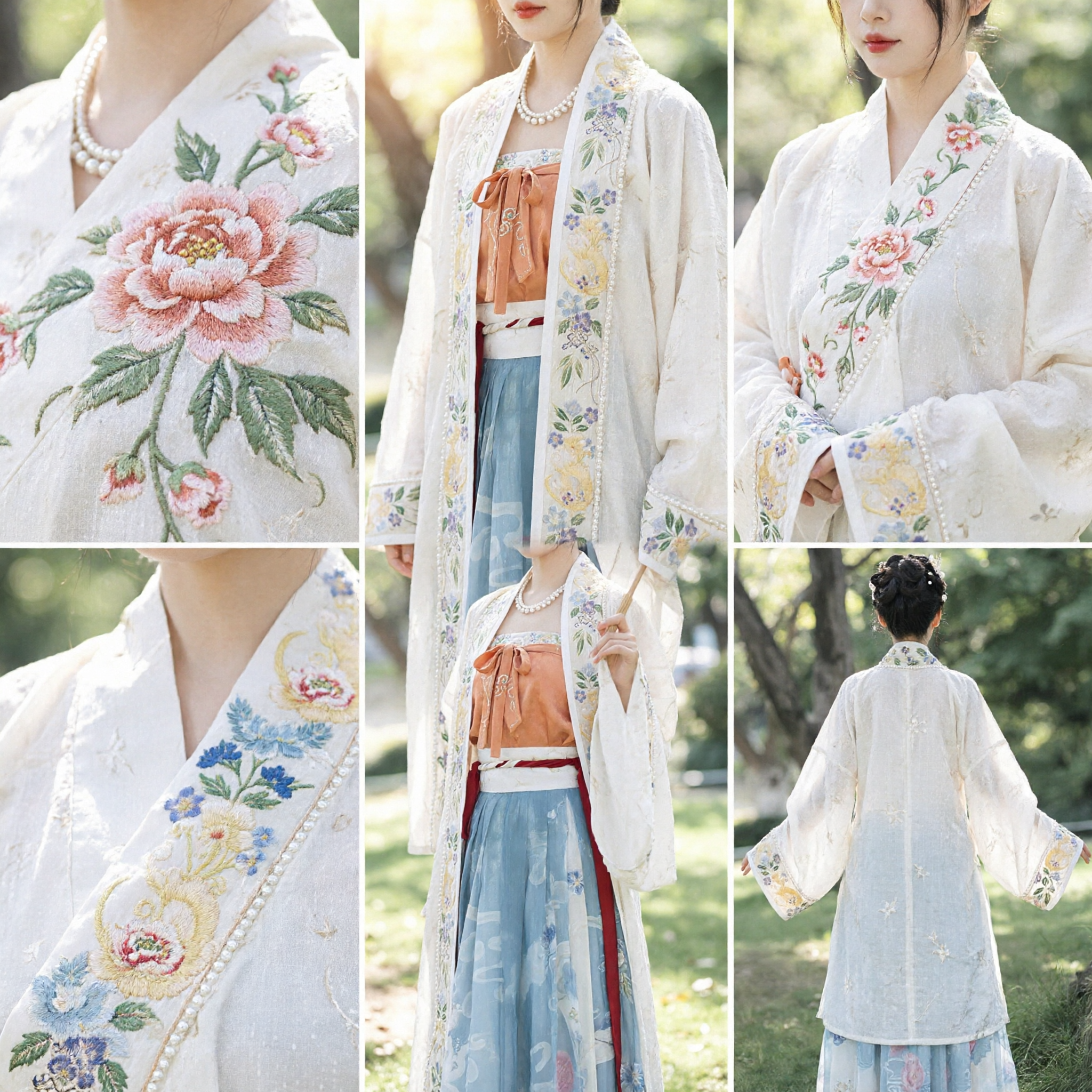 Women's Traditional Chinese Hanfu Set Song Dynasty Style Floral Embroidered Long Robe and Blue Skirt for Festivals - Asian Costume