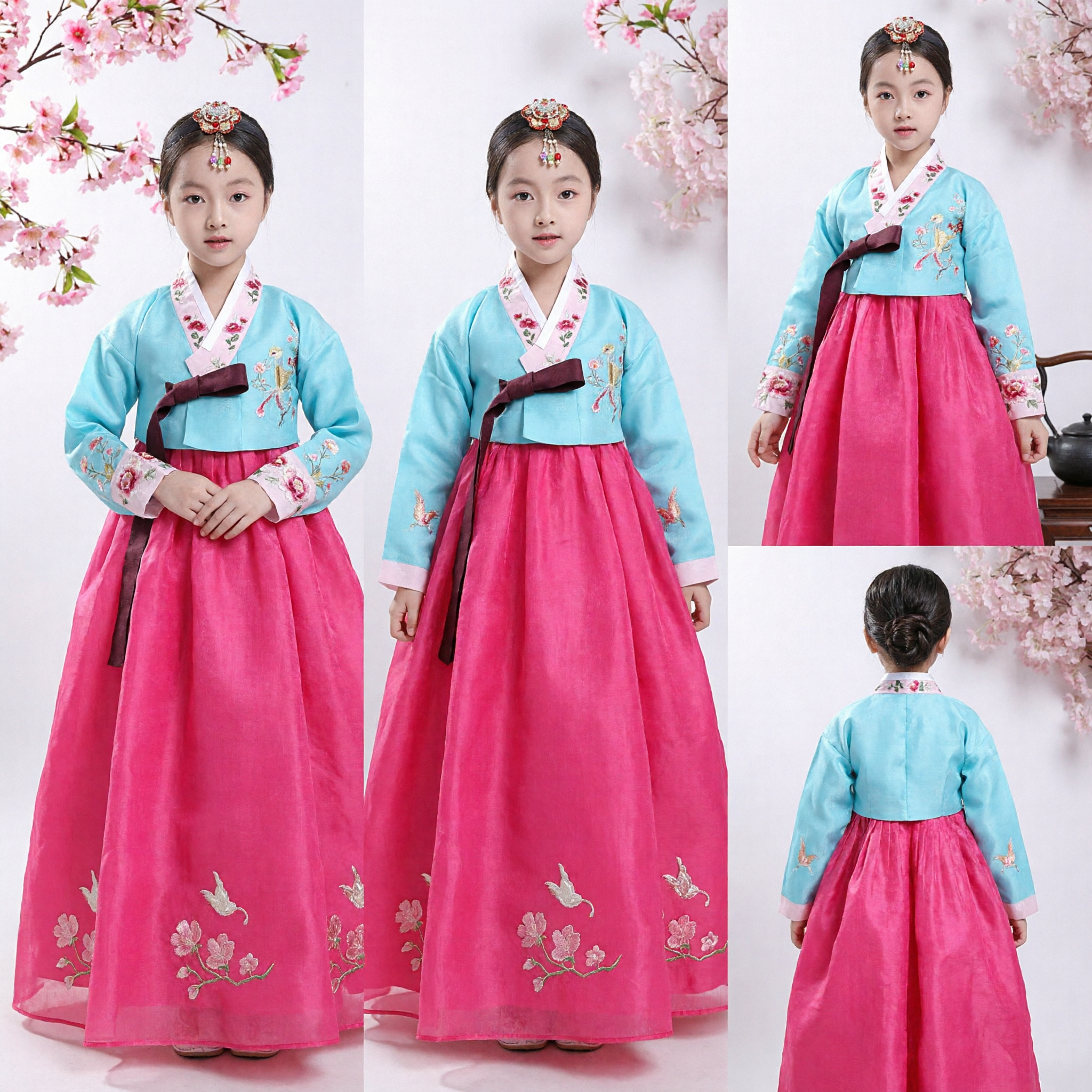 Girls Korean Traditional Hanbok Dress Blue and Pink Embroidered Costume for Kids Birthday Holiday Party - Asian Costume