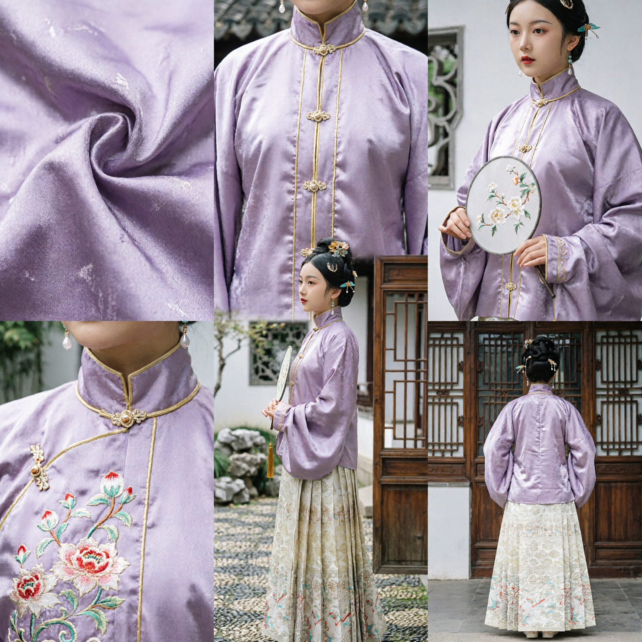 Elegant Women's Ming Dynasty Hanfu Set Purple Silk Jacket and Brocade Skirt Traditional Chinese Historical Costume - Asian Costume