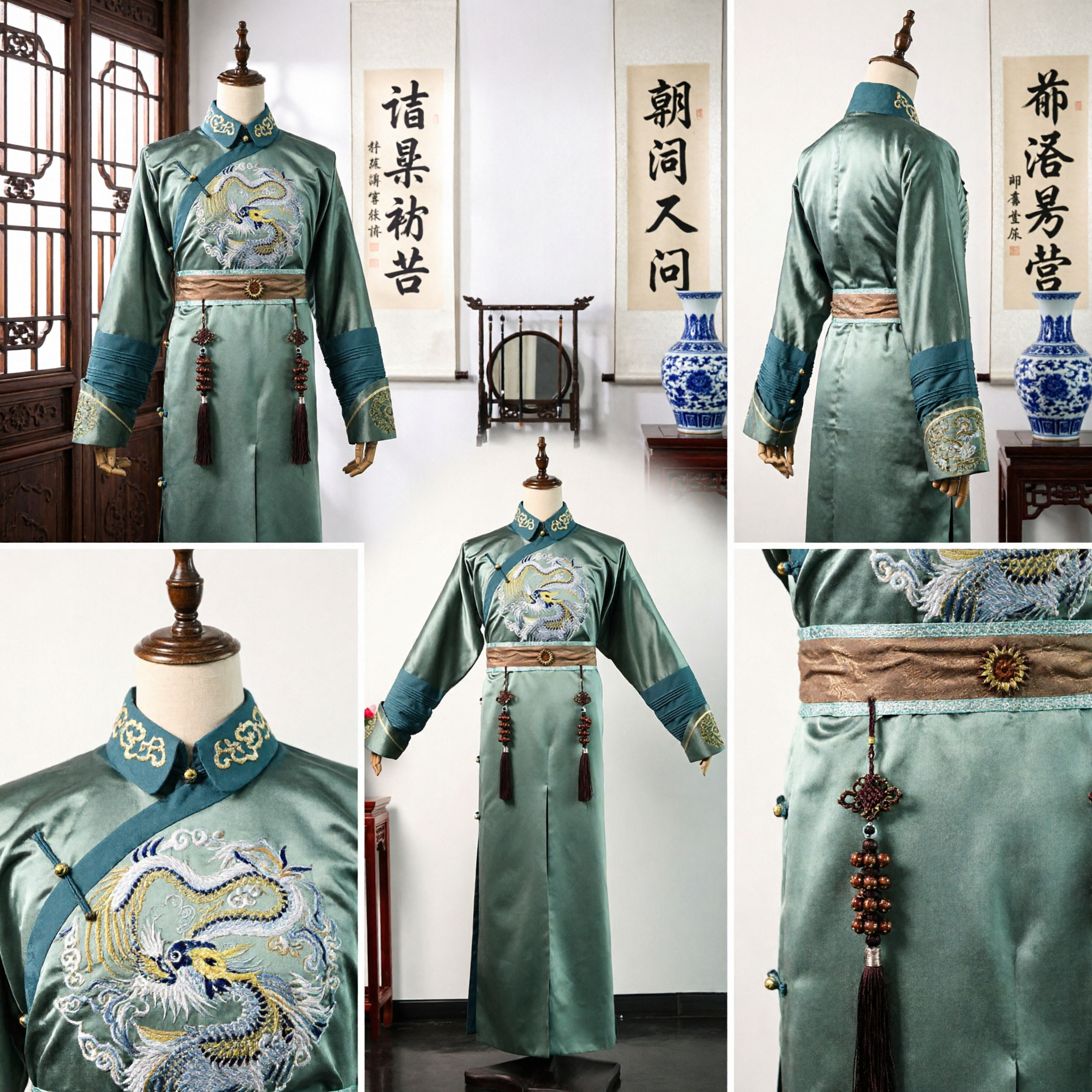 Traditional Chinese Green Dragon Robe Qing Dynasty Changshan Silk Satin Costume for Men Stage Performance - Asian Costume