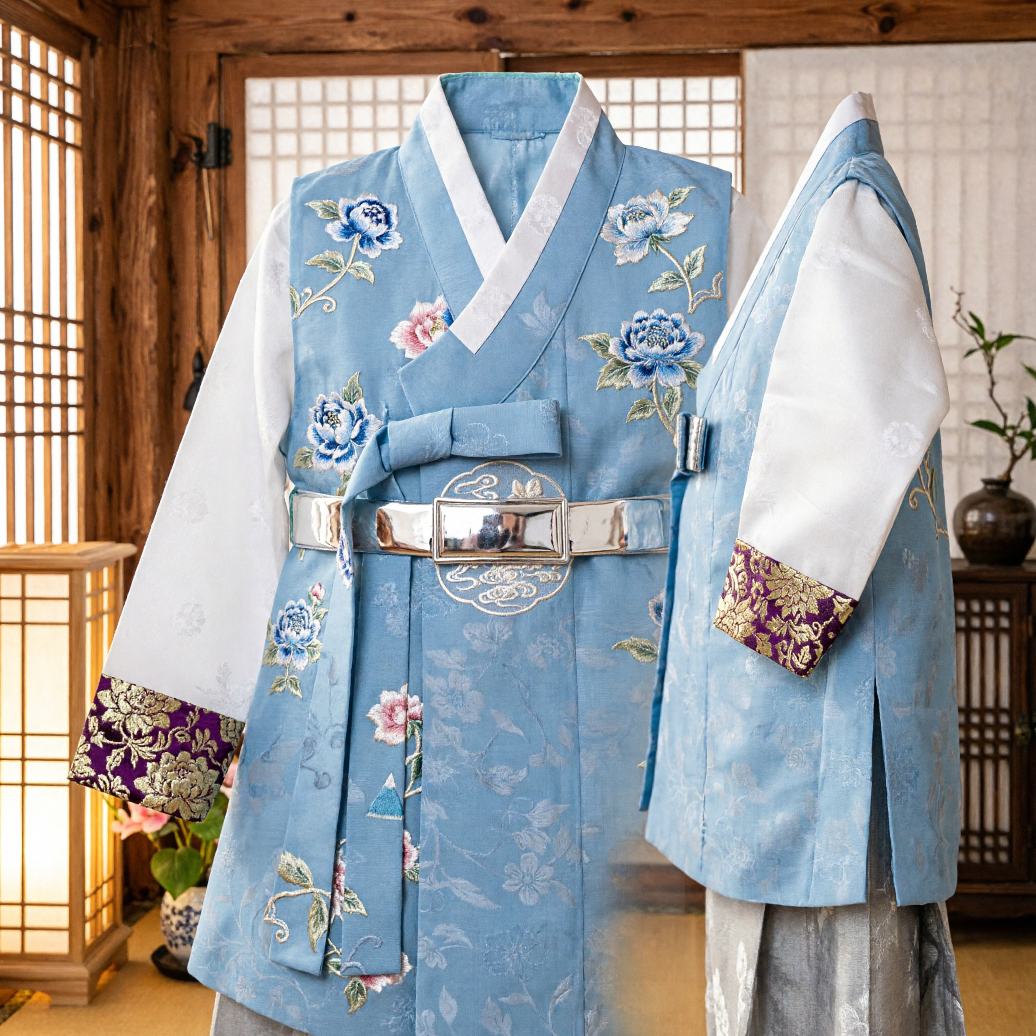 Traditional Korean Hanbok Costume for Boys Light Blue Floral Vest Set for Wedding and Dol Celebration - Asian Costume