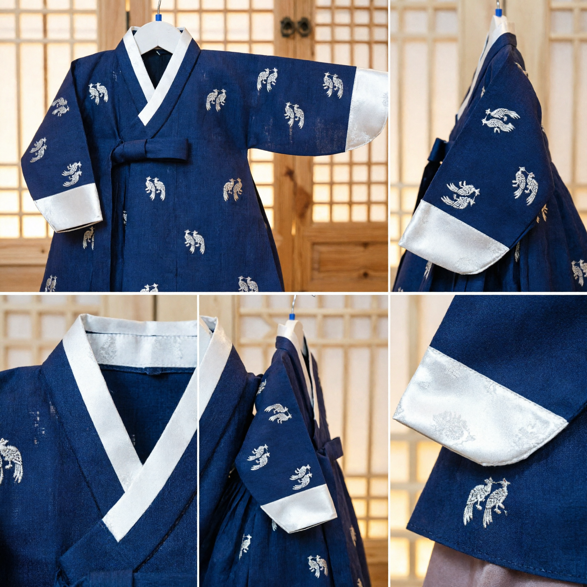 Navy Blue Korean Traditional Hanbok Jeogori Top for Kids with Silver Embroidered Crane Patterns - Asian Costume