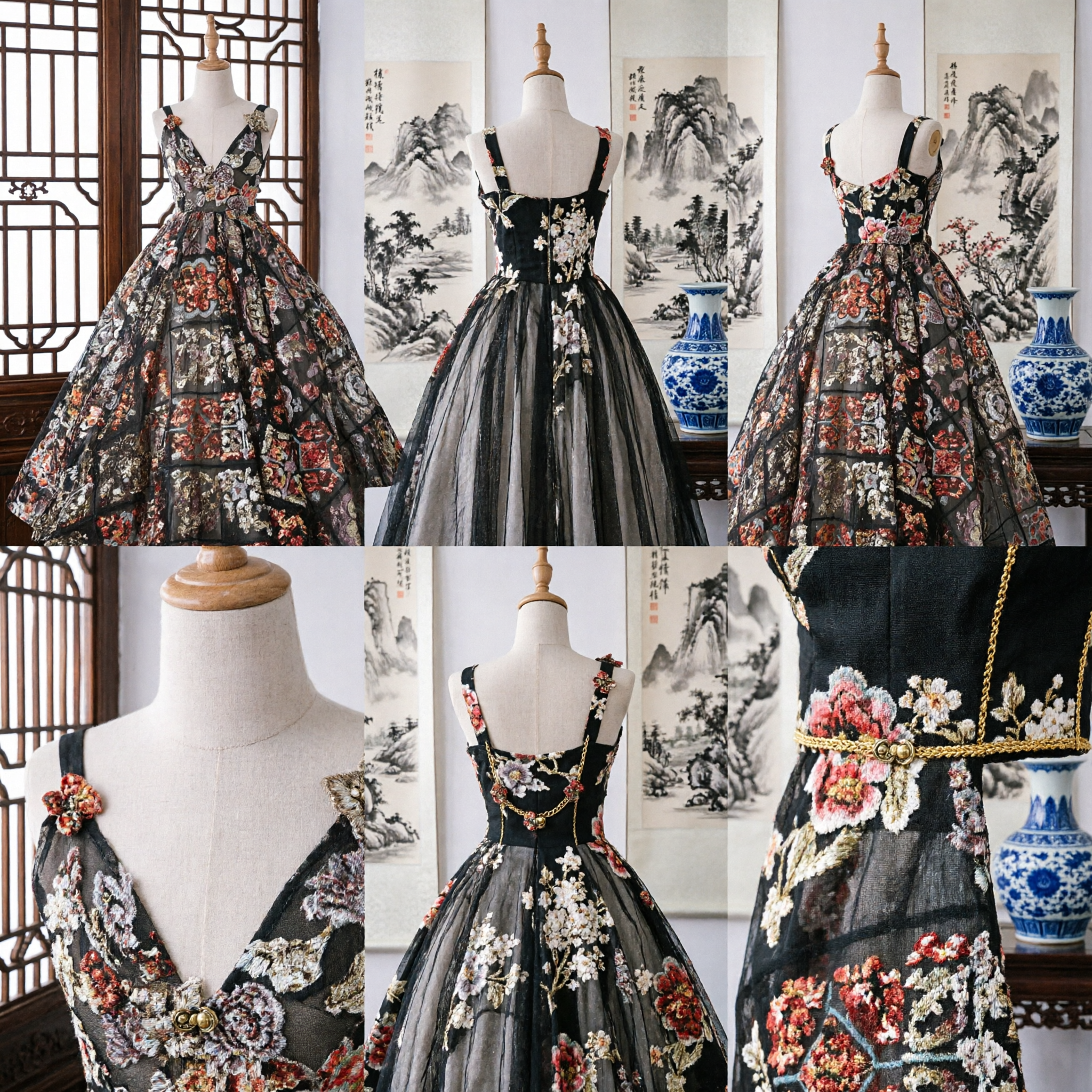 Elegant Floral Print V-Neck Ballgown Evening Dress for Women Formal Prom Gala Stage Performance - Asian Costume