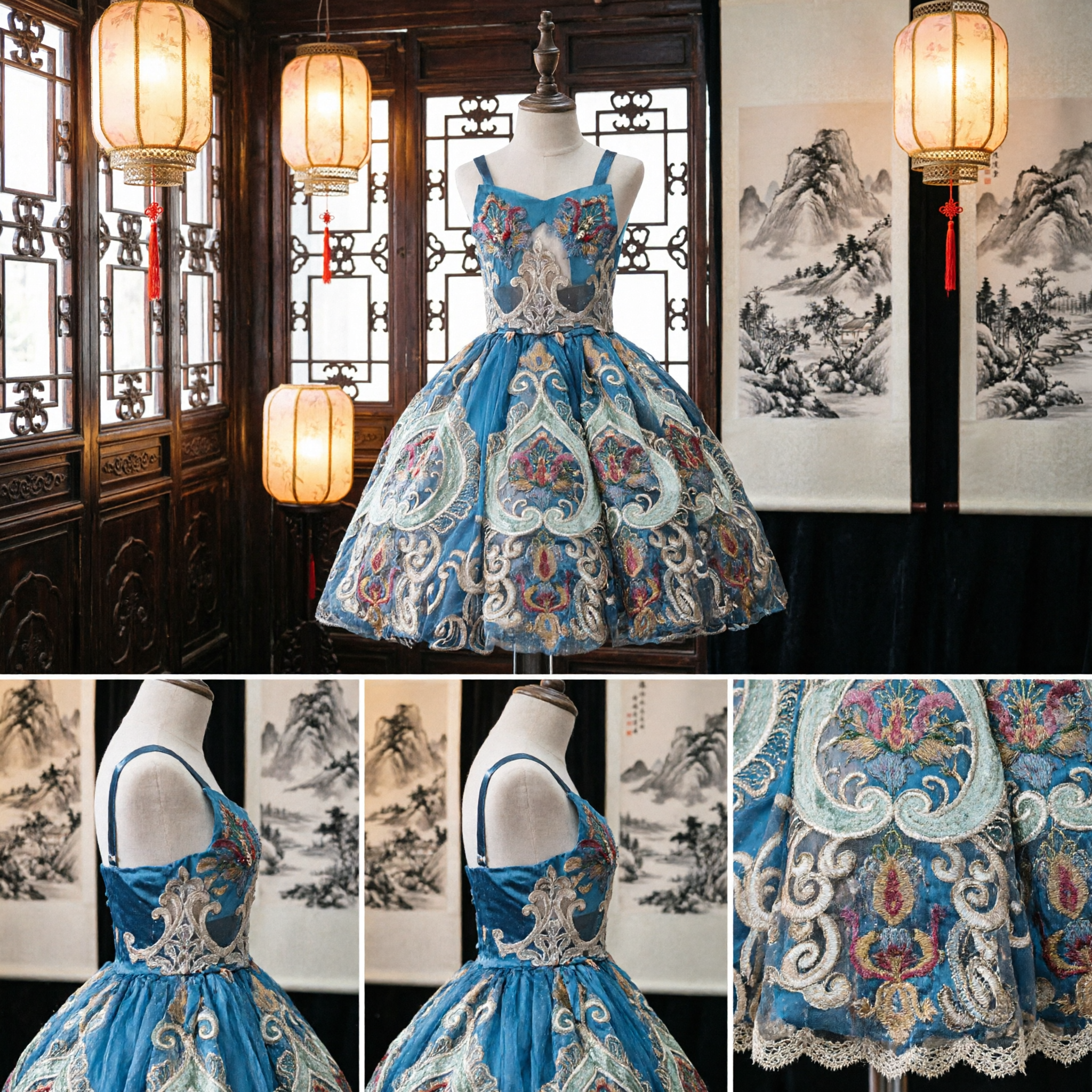 Luxurious Blue Sequined Stage Costume Short Puffy Skirt Latin Dance Dress for Performance Competition - Asian Costume