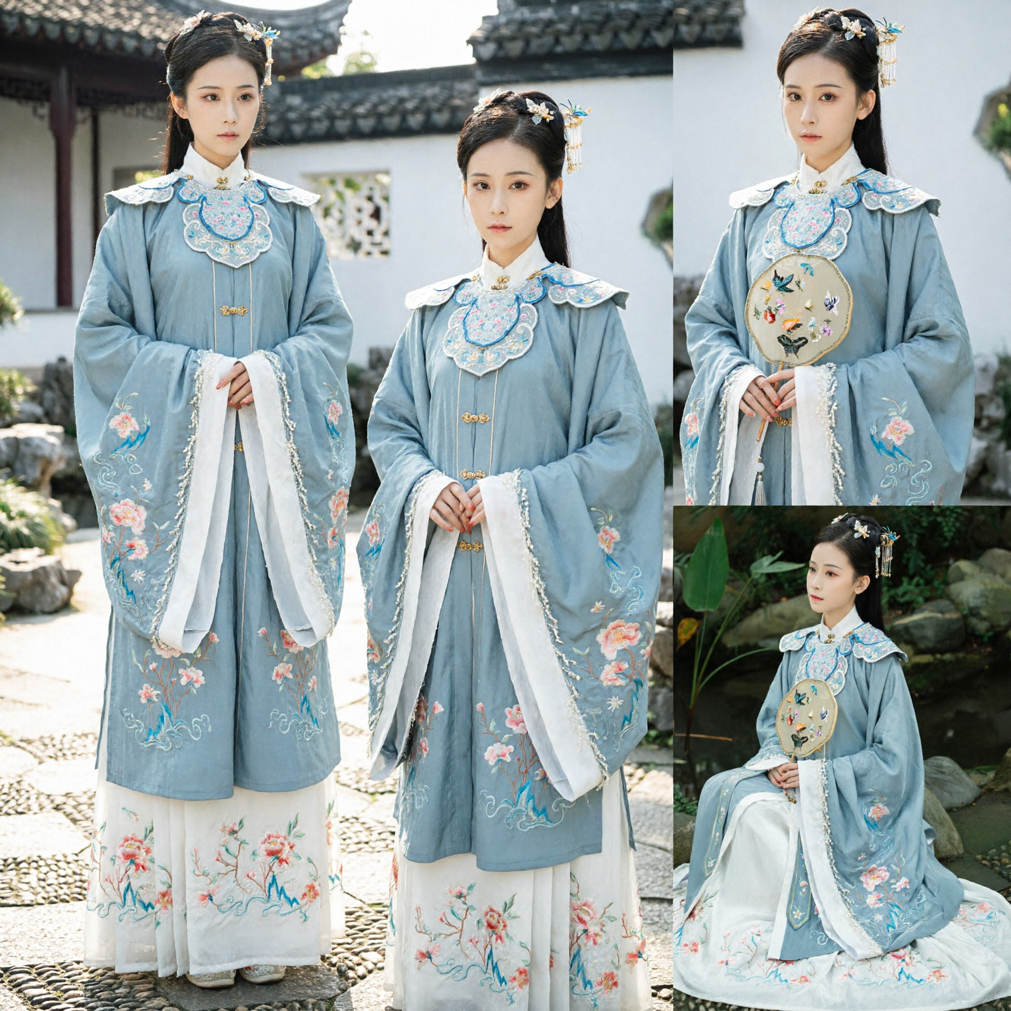 Traditional Chinese Hanfu Ming Dynasty Blue Robe with Cloud Collar Embroidery for Women Cosplay - Asian Costume