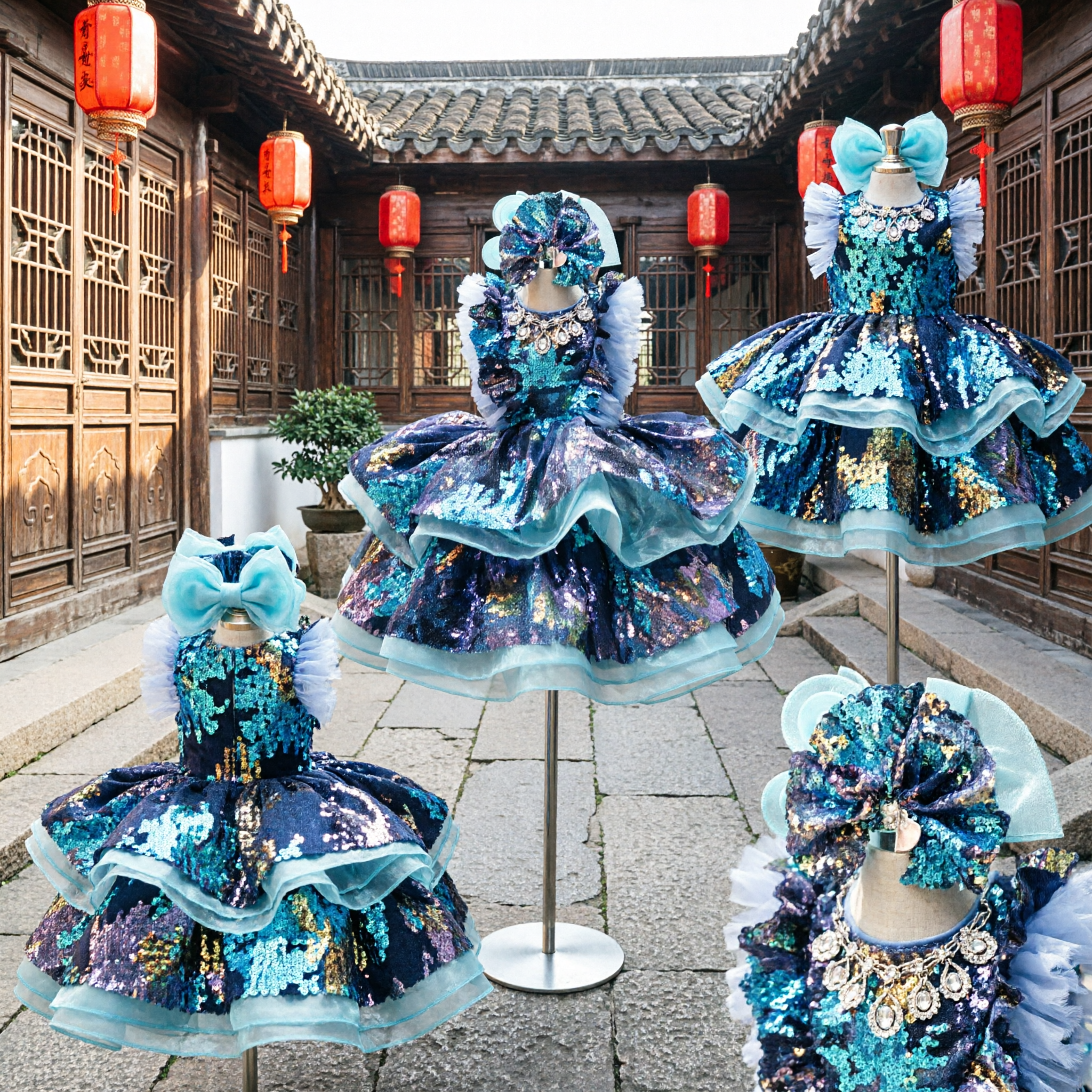 Kids Girls Sparkly Galaxy Sequin Princess Dress Blue Purple Ruffled Tutu Stage Performance Costume - Asian Costume