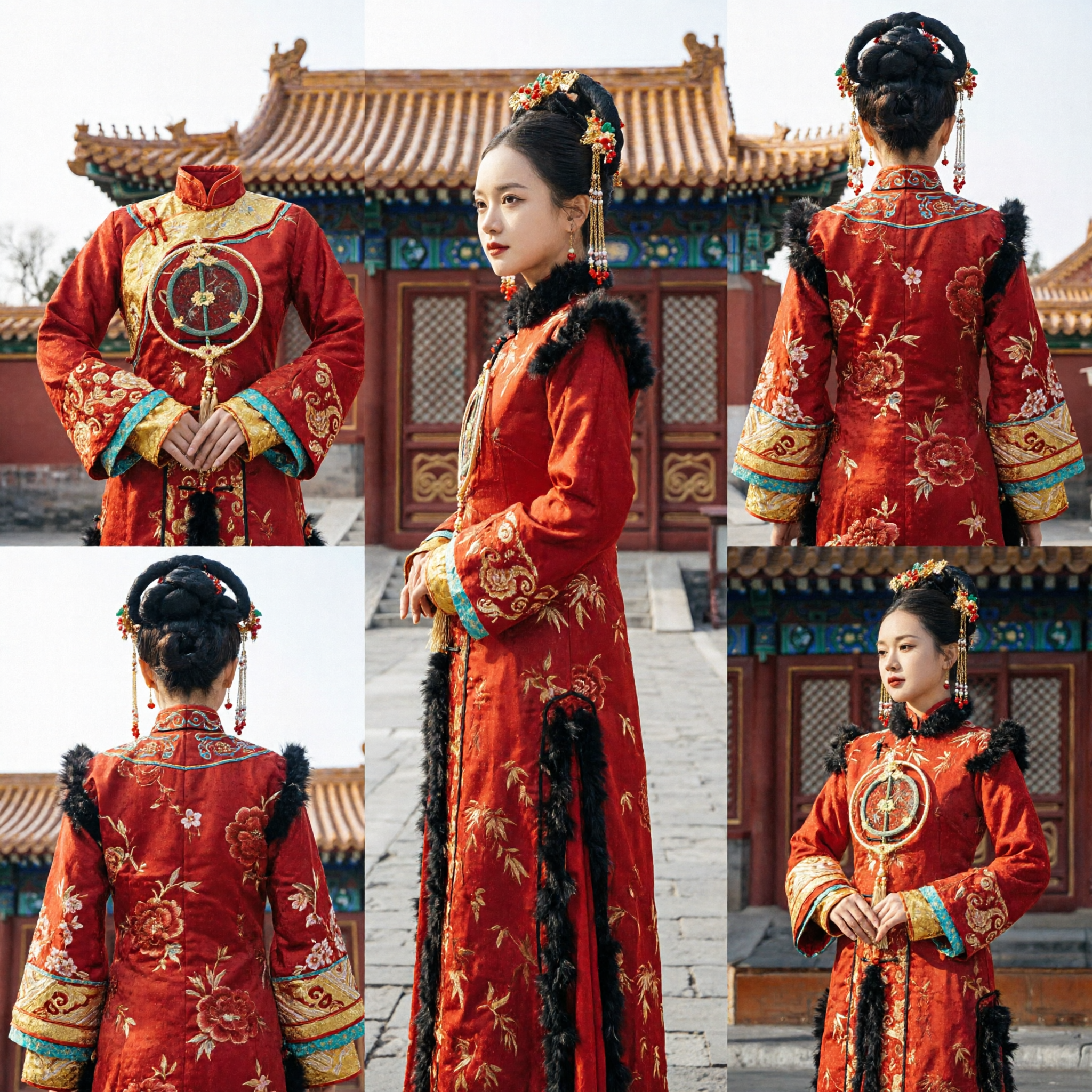 Ancient Chinese Qing Dynasty Red Palace Dress Traditional Manchu Princess Costume with Fur Trim for Cosplay Events - Asian Costume