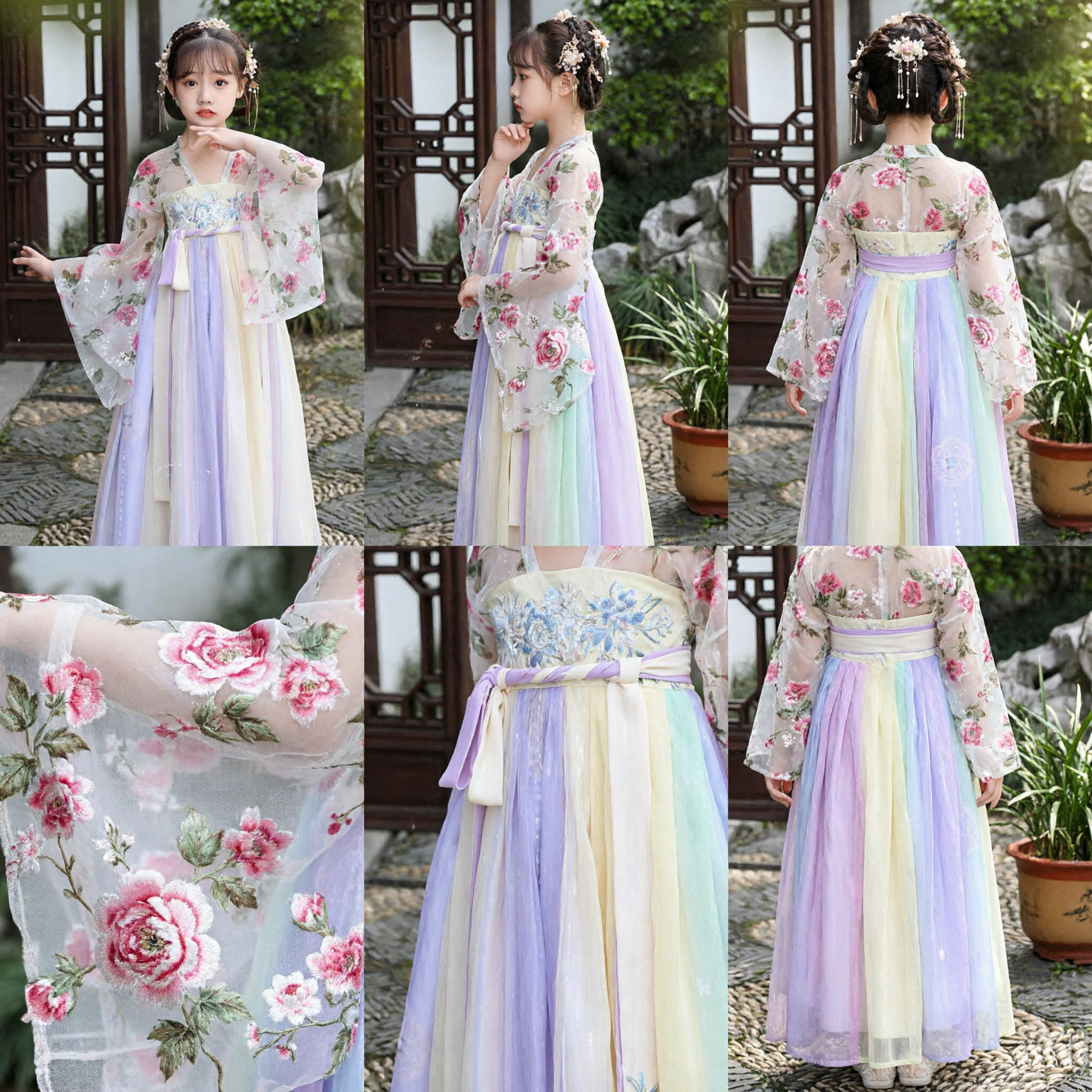 Girls Traditional Chinese Hanfu Dress Floral Embroidered Tang Dynasty Costume for Kids Performance - Asian Costume