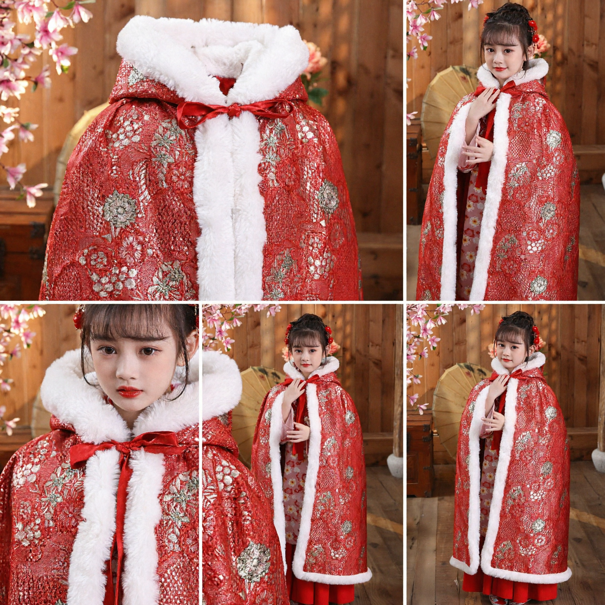 Girls Traditional Chinese Red Cloak Cape with White Fur Trim Embroidered Winter Hanfu Costume - Asian Costume