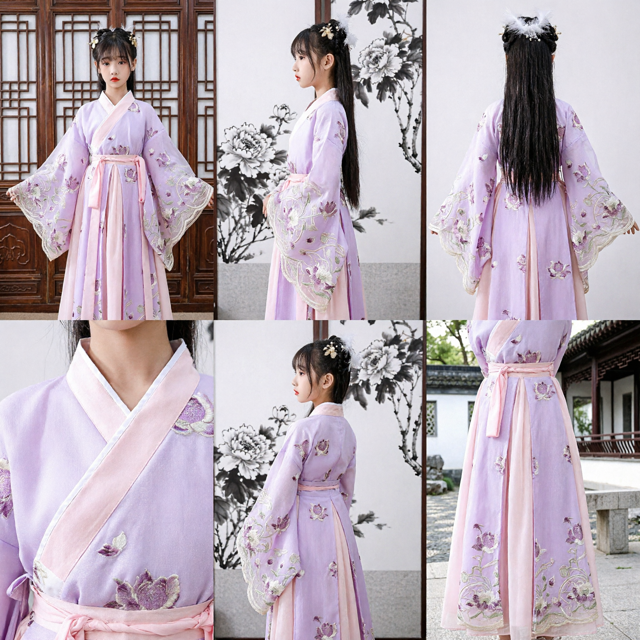 Elegant Purple Chinese Hanfu Traditional Costume for Girls Floral Embroidery Ancient Dress Kids Festival Performance Wear - Asian Costume