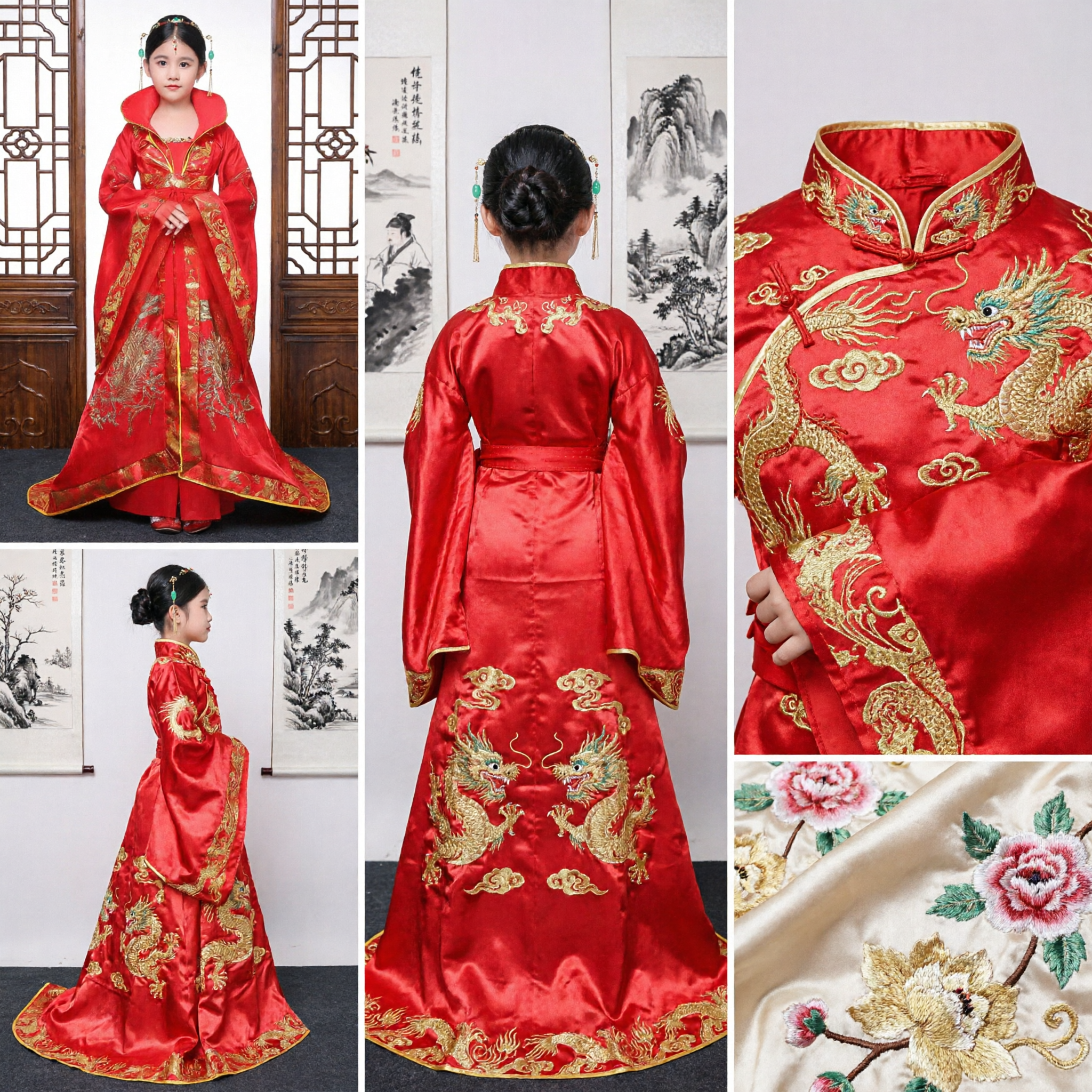 Traditional Chinese Red Hanfu Dress for Girls Kids Ancient Wedding Costume Gold Embroidery Ceremony Outfit - Asian Costume