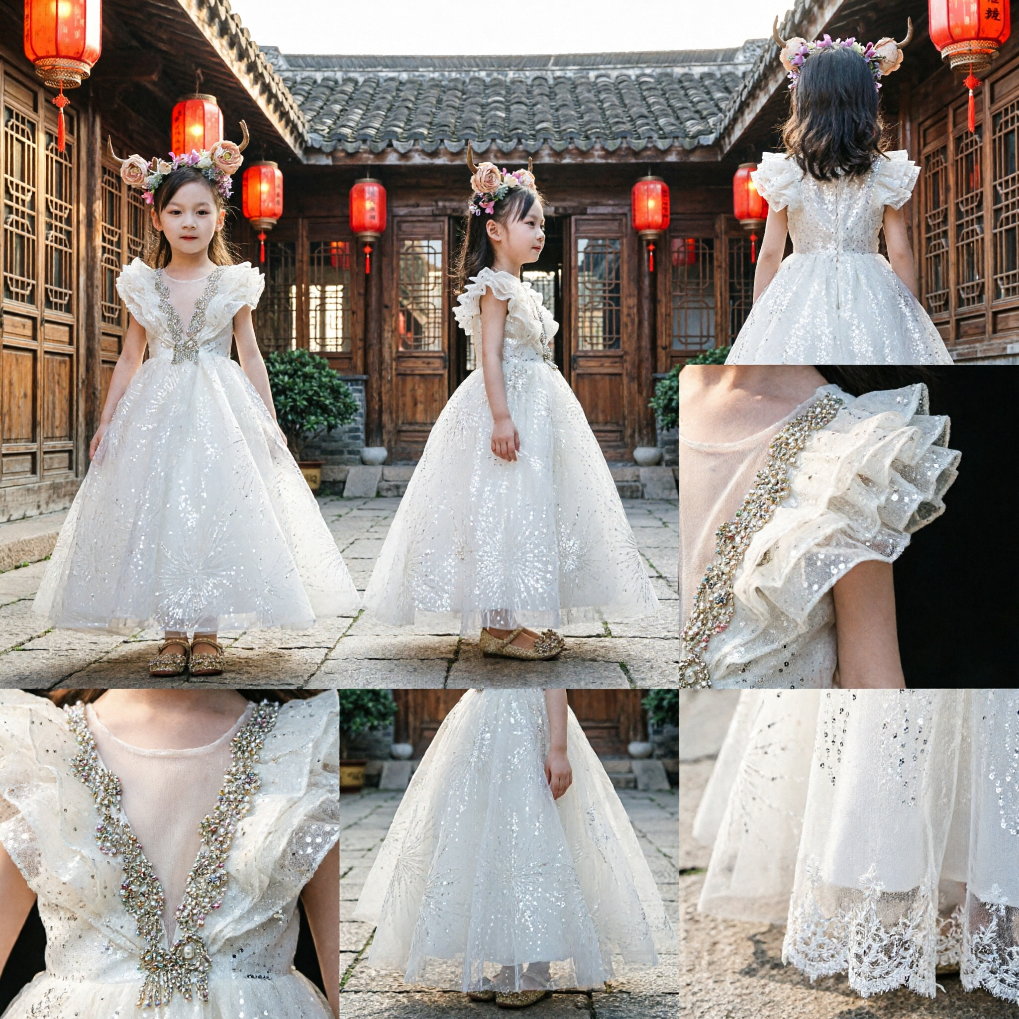 Elegant White Beaded Flower Girl Dress for Kids Wedding Pageant Formal Gown with Tulle Skirt - Asian Costume