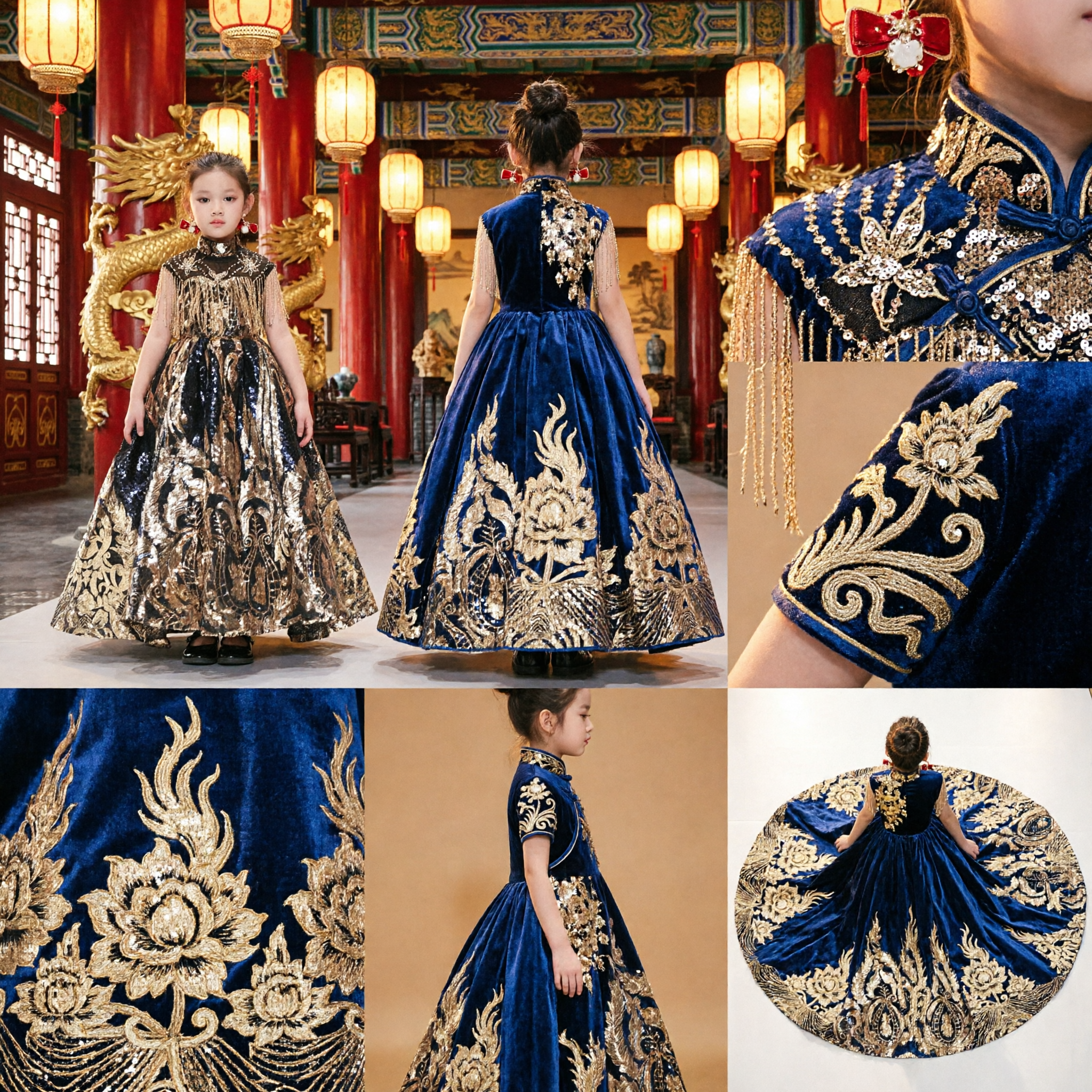 Luxury Gold Sequin Ball Gown for Girls Traditional Chinese Embroidery Pageant Wedding Party Dress - Asian Costume
