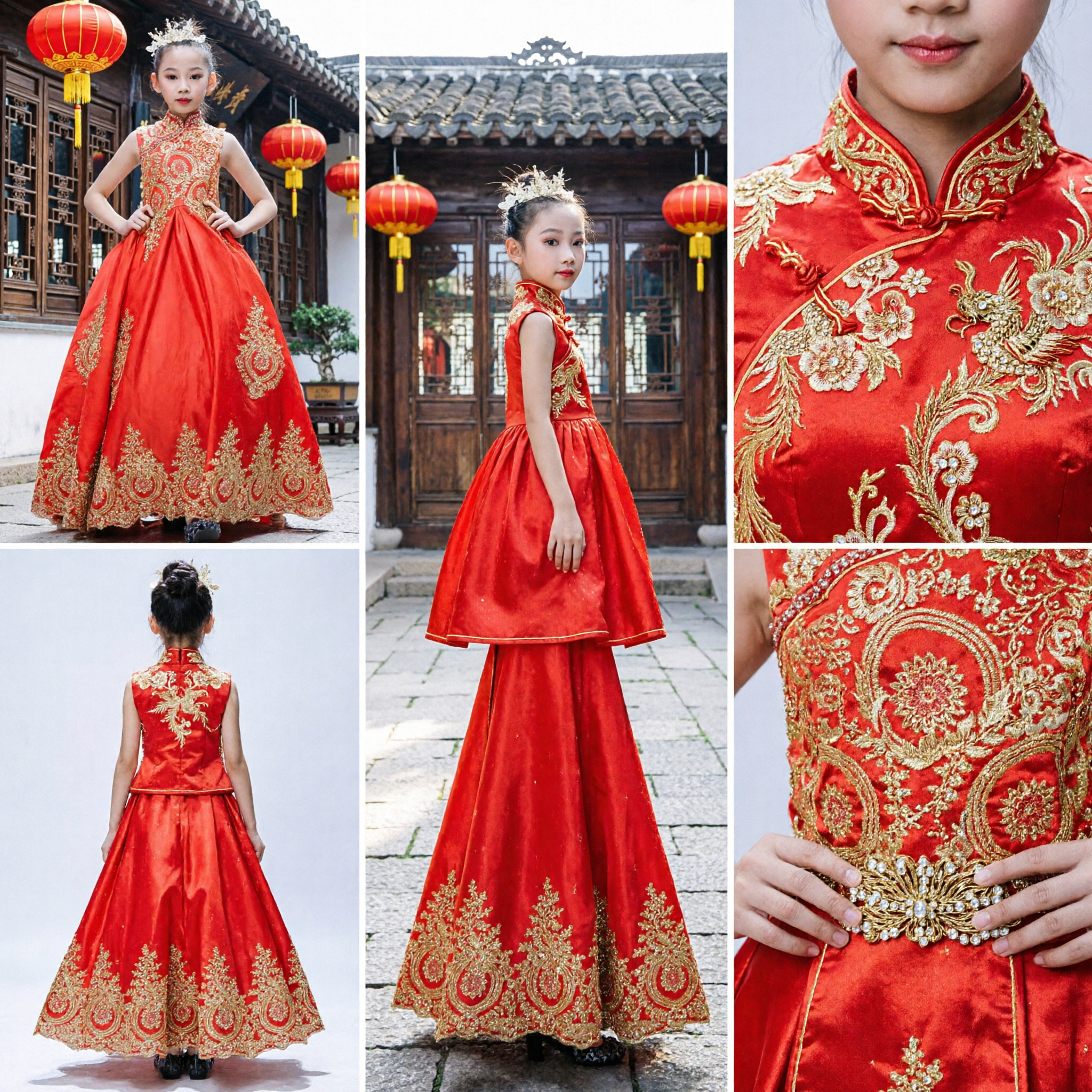 Kids Girls Red Chinese Qipao Dress Gold Embroidery Traditional Cheongsam Formal Wedding Hostess Gown - Asian Costume