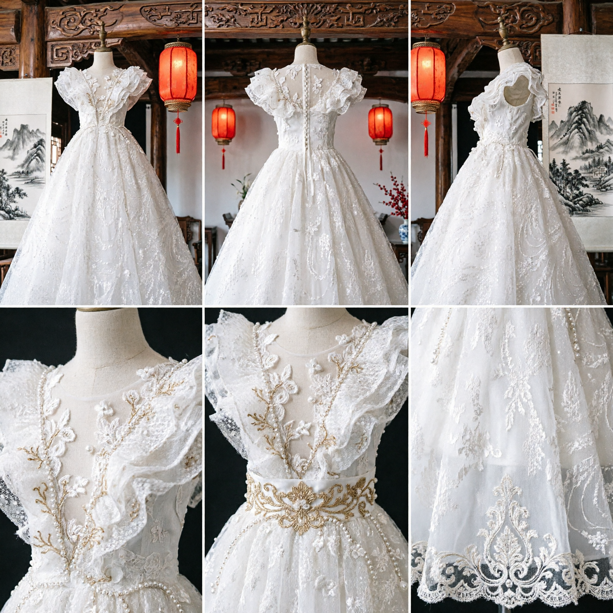Elegant White Lace Ballgown Wedding Dress with Ruffled Sleeves and Embroidered Bodice for Brides - Asian Costume