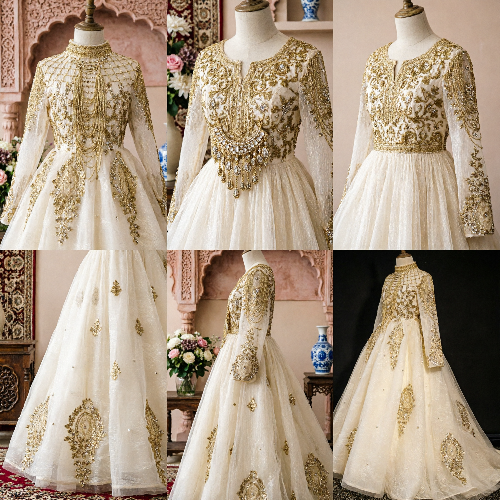 Luxury White Arabic Wedding Dress with Gold Embroidery Cape Long Sleeve Modest Bridal Gown for Women - Asian Costume